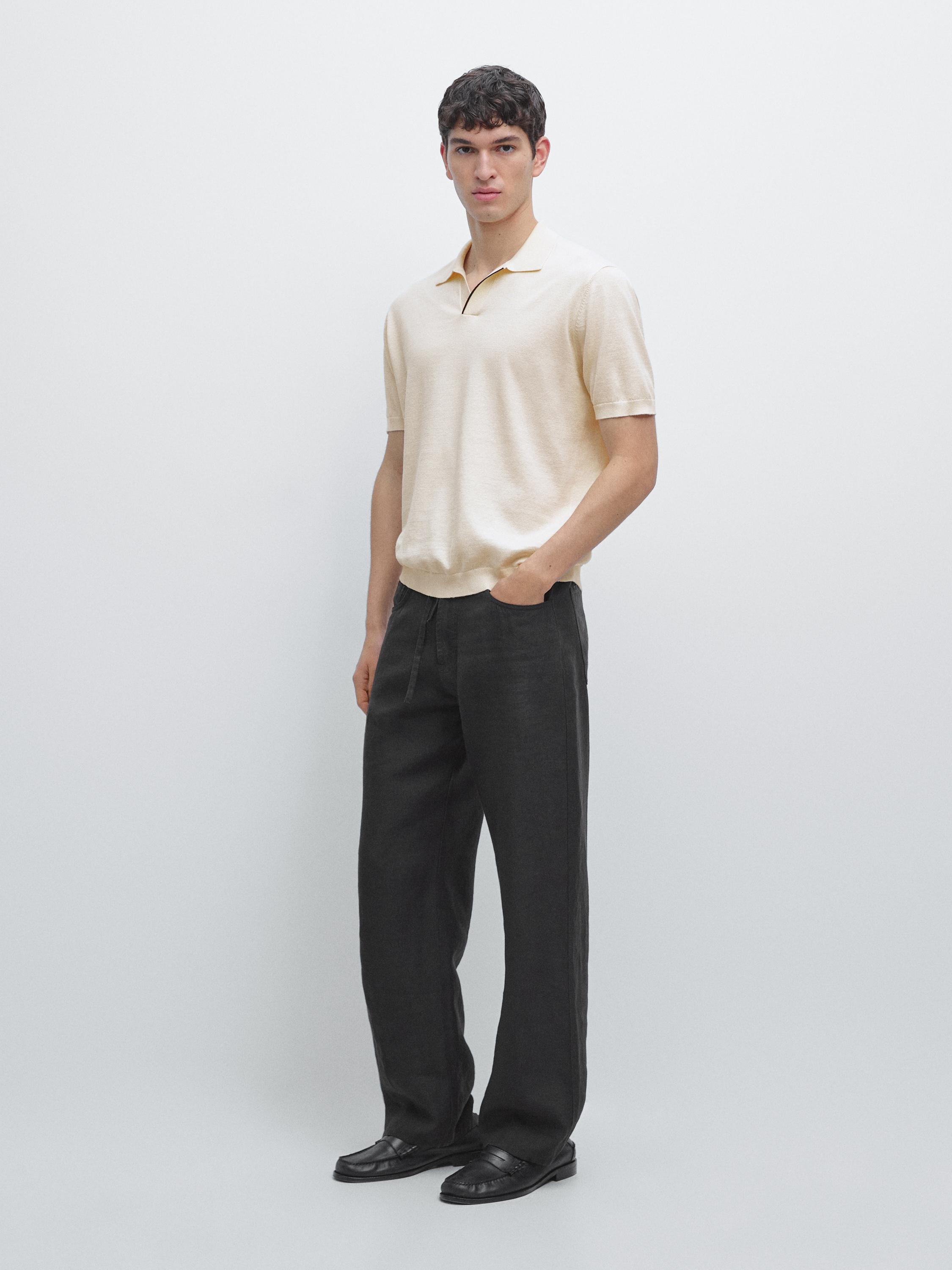 Short sleeve cotton and linen blend knit polo shirt
