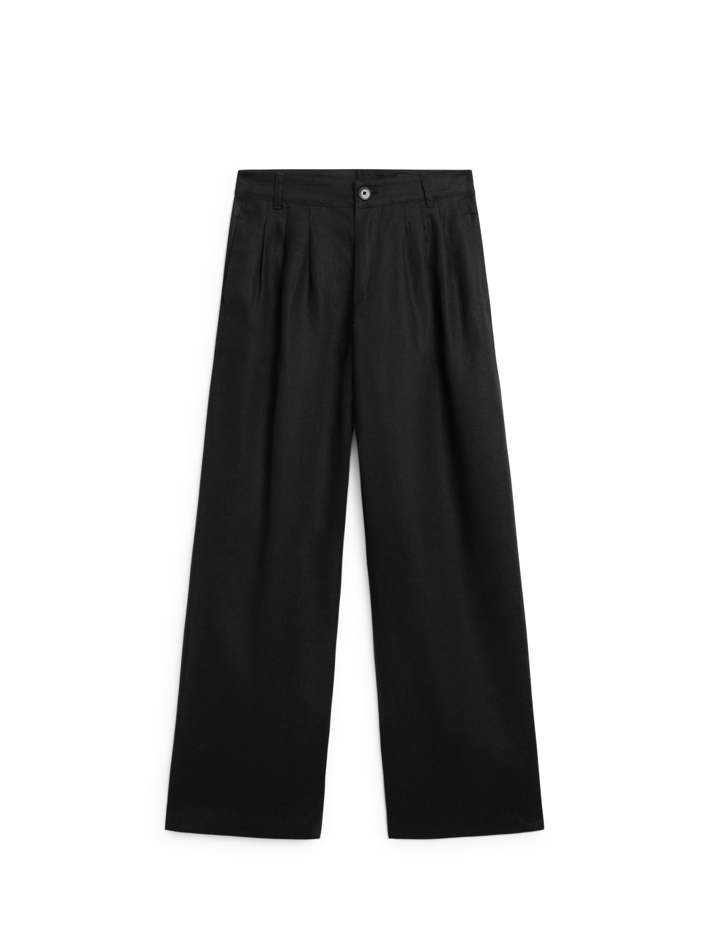 Wide-leg pleated linen trousers — BLACK