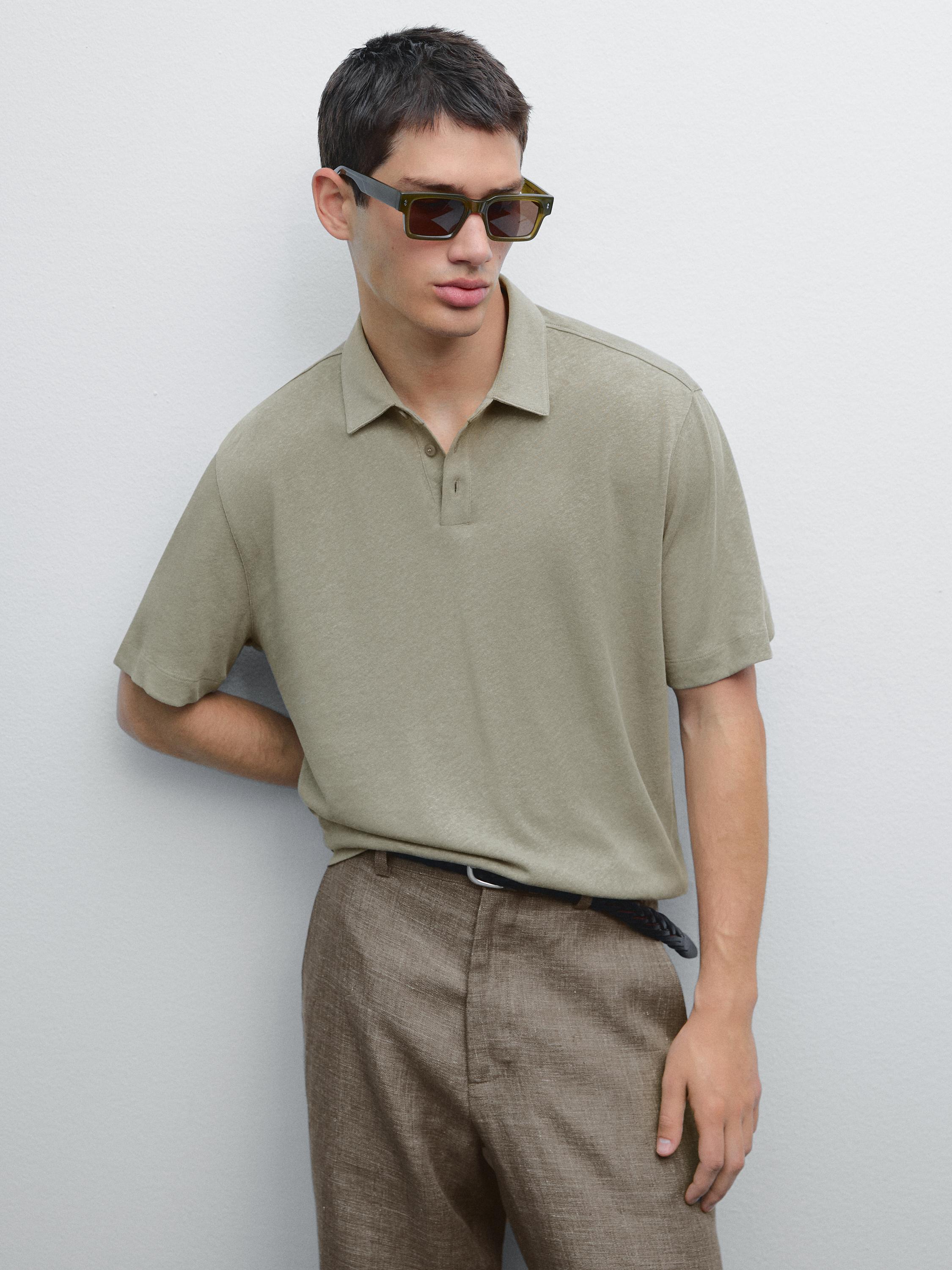 Short sleeve linen blend polo shirt