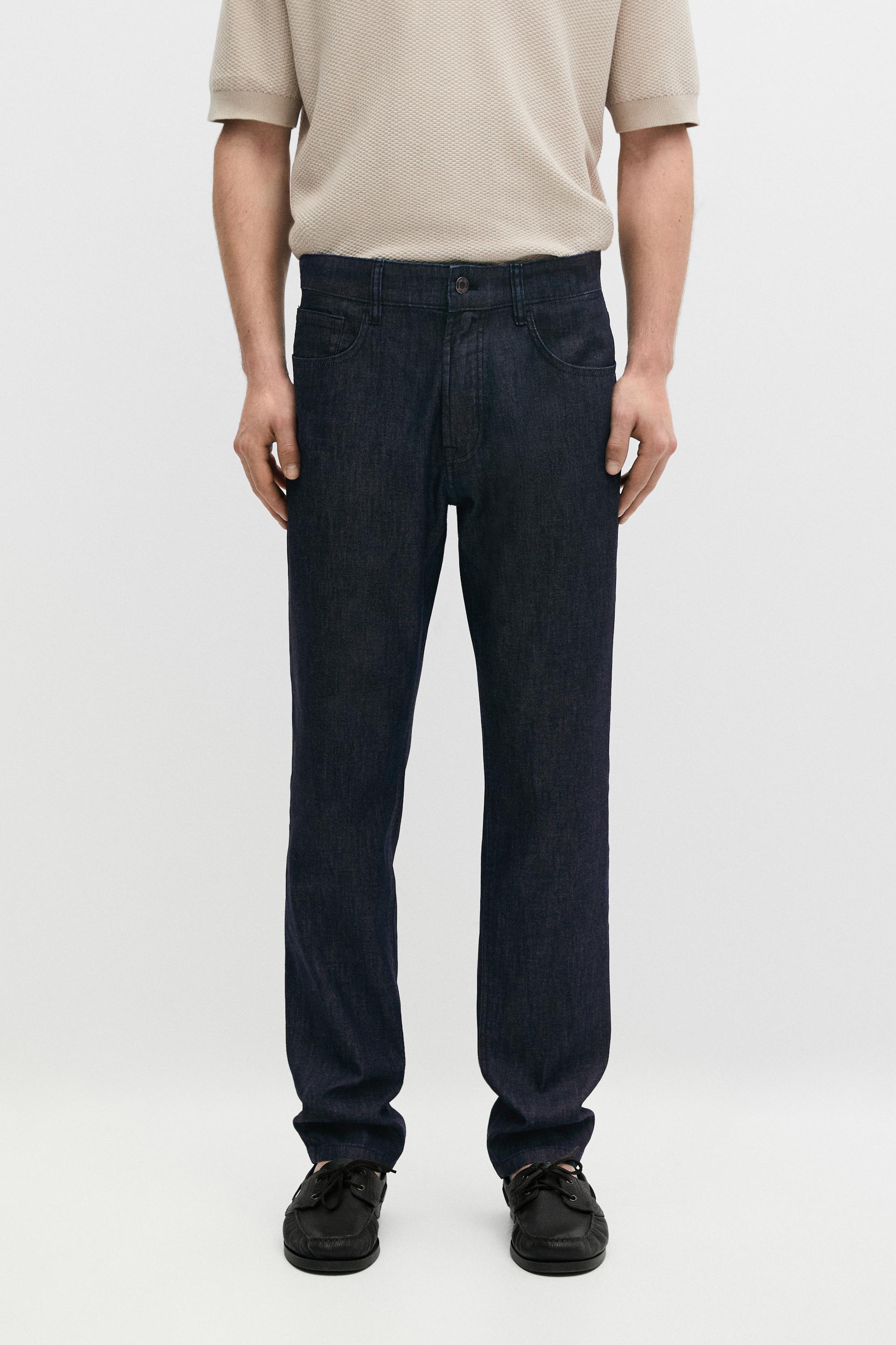 Lightweight tapered fit denim-effect trousers