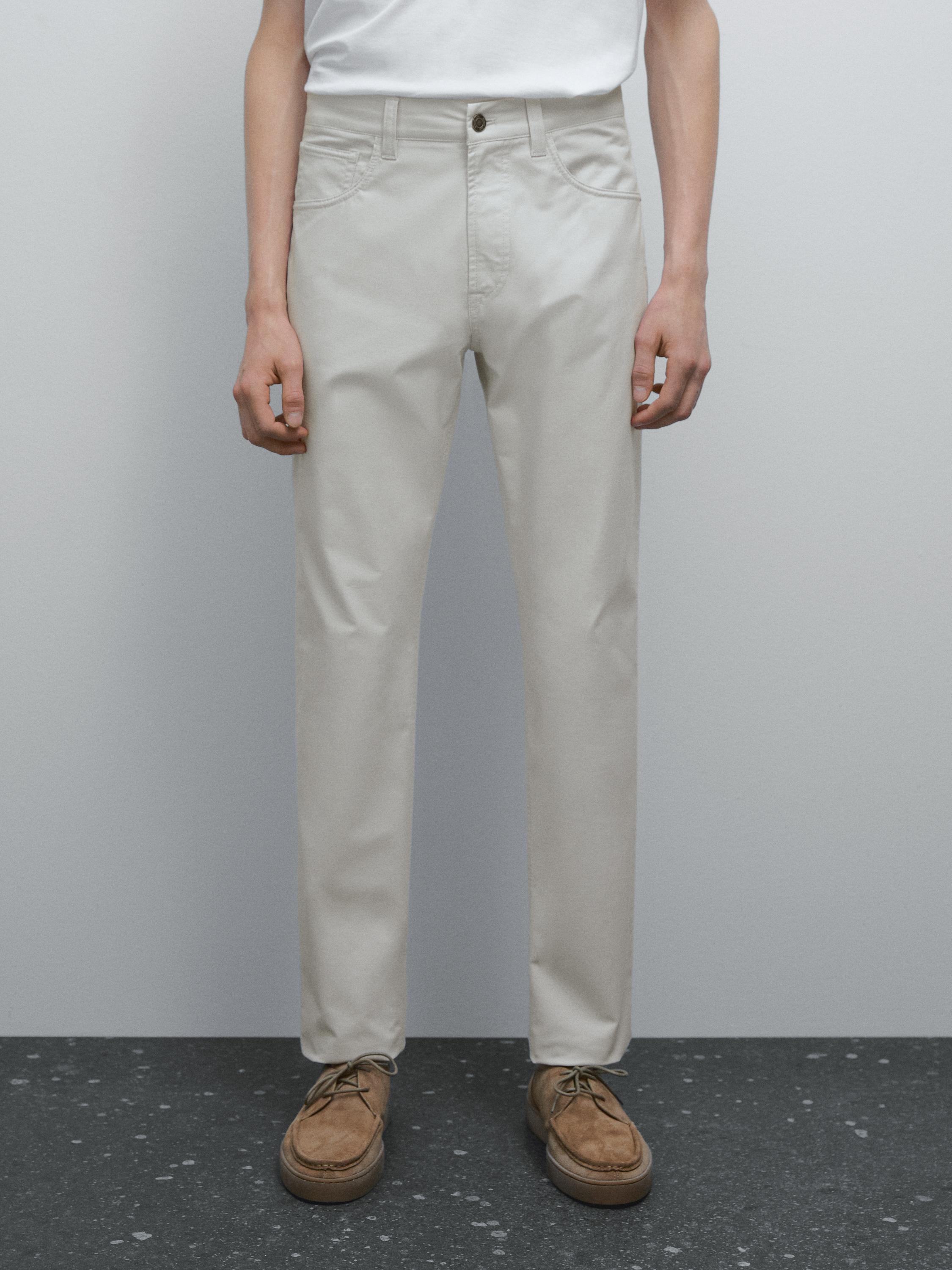 Lightweight tapered fit denim-effect trousers