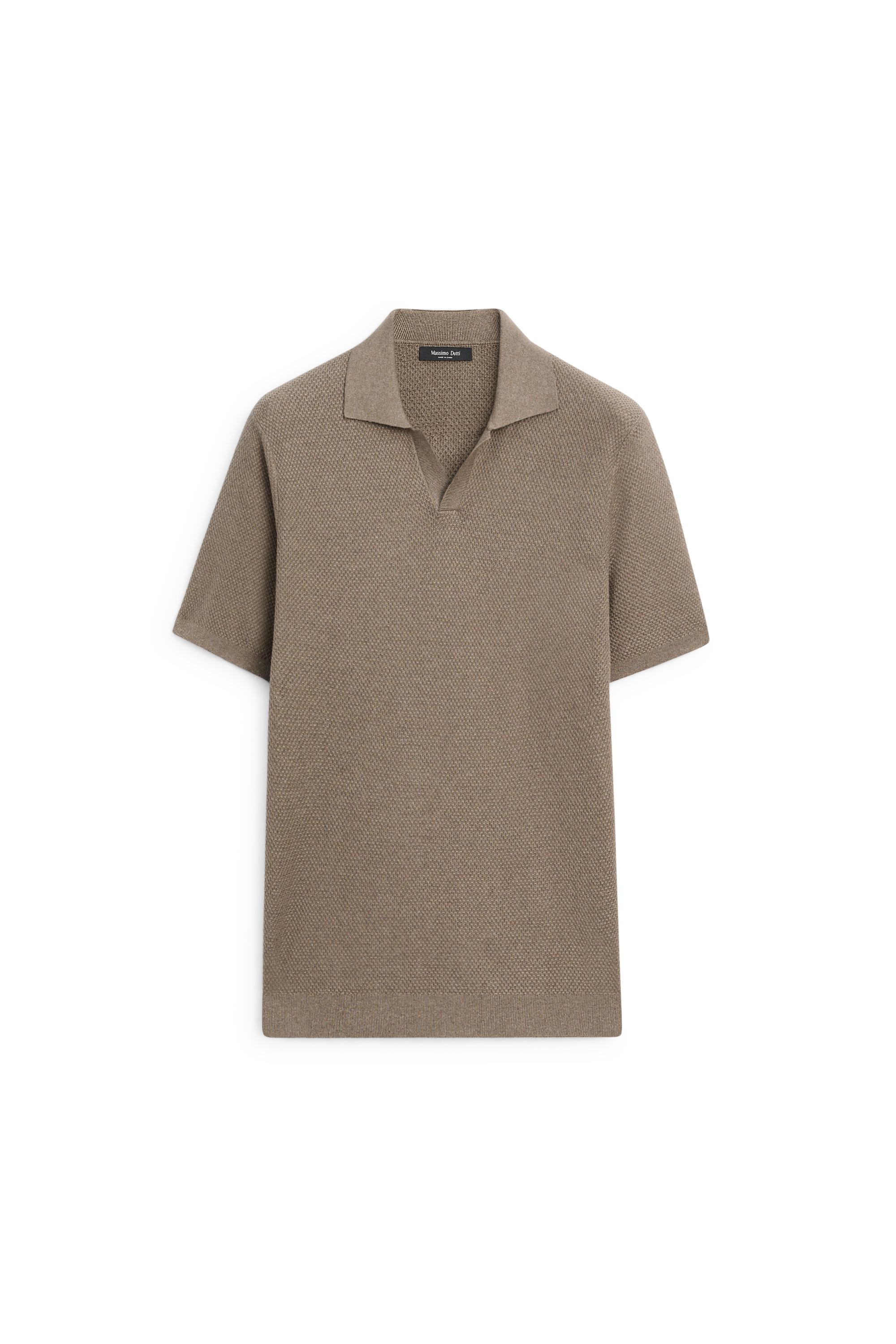 Cotton blend knit V-neck polo shirt — KHAKI