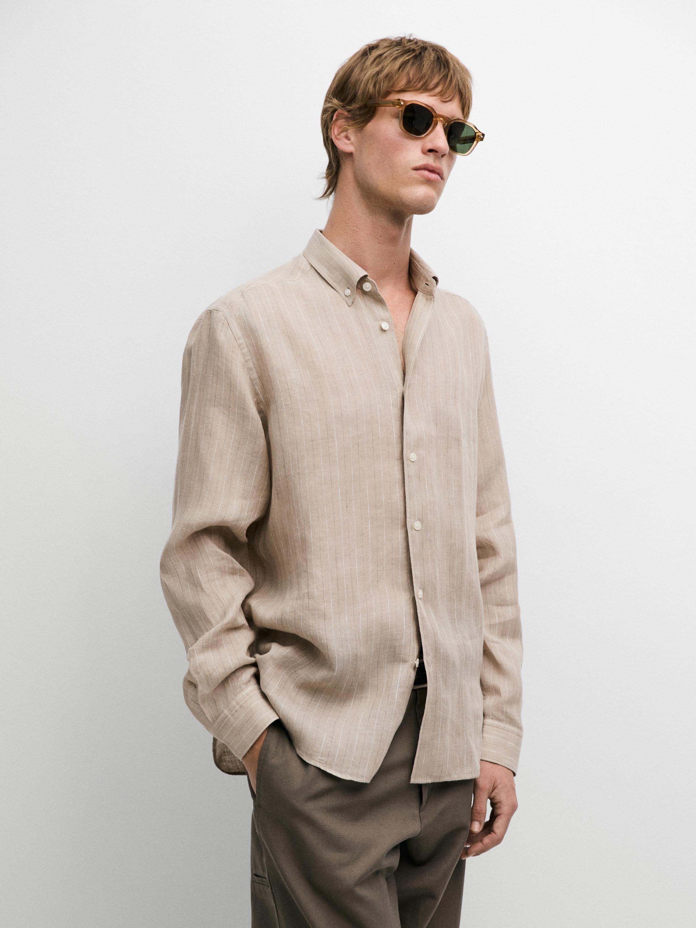 100% linen striped slim fit shirt — CAMEL