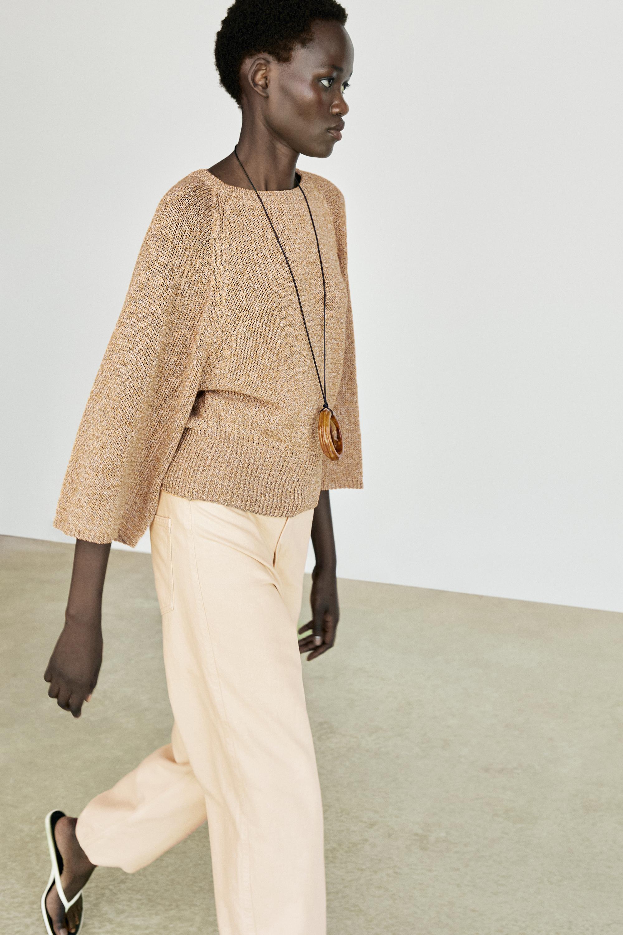 Cotton blend heathered knit sweater — Tobacco brown