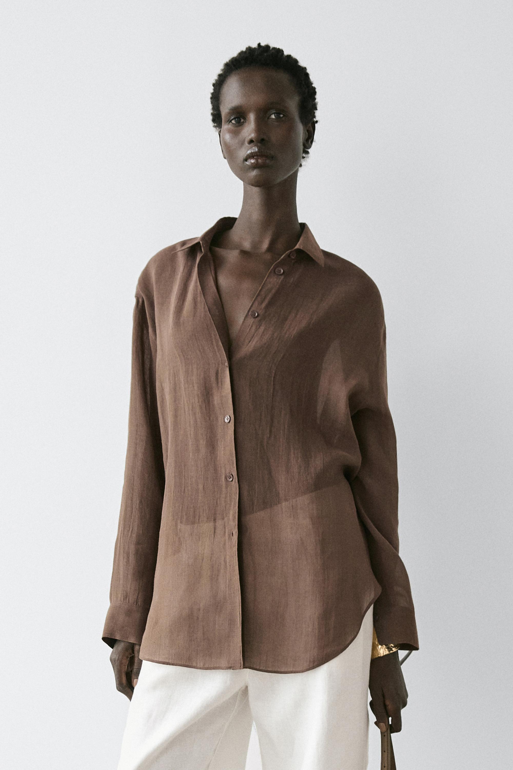 Flowing shirt with shirt collar — BROWN
