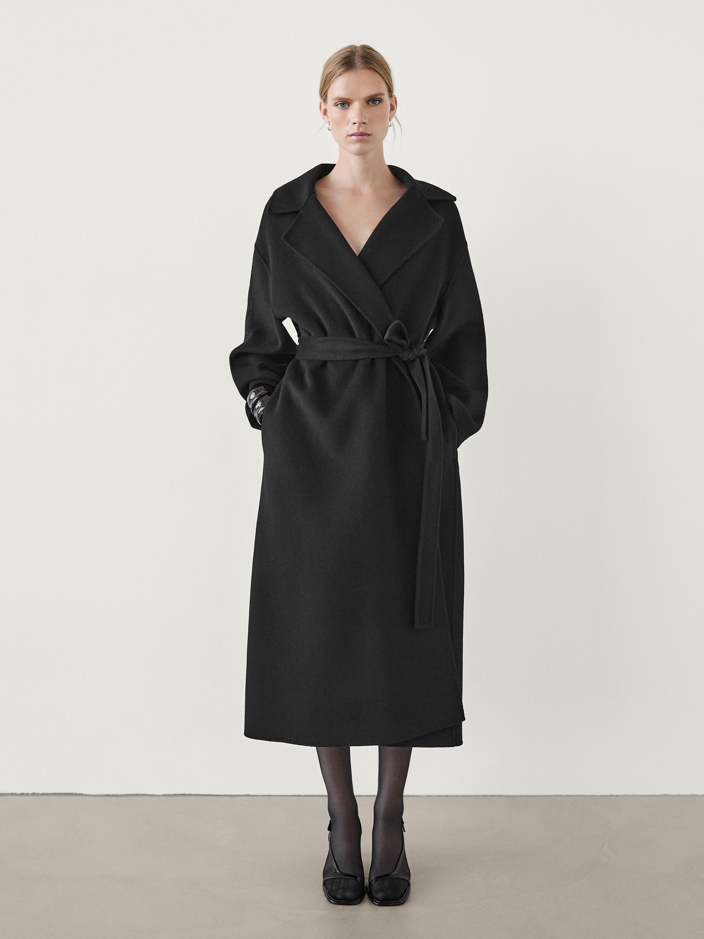 Long wool blend coat with belt · Black · Coats And Jackets | Massimo Dutti