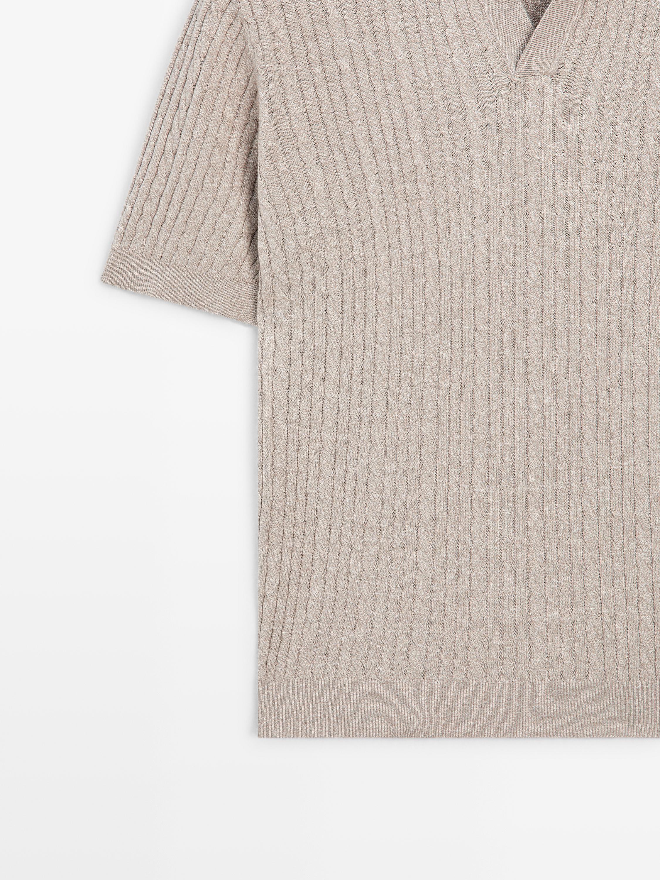 Short sleeve knit polo shirt with cable-knit detail — MINK
