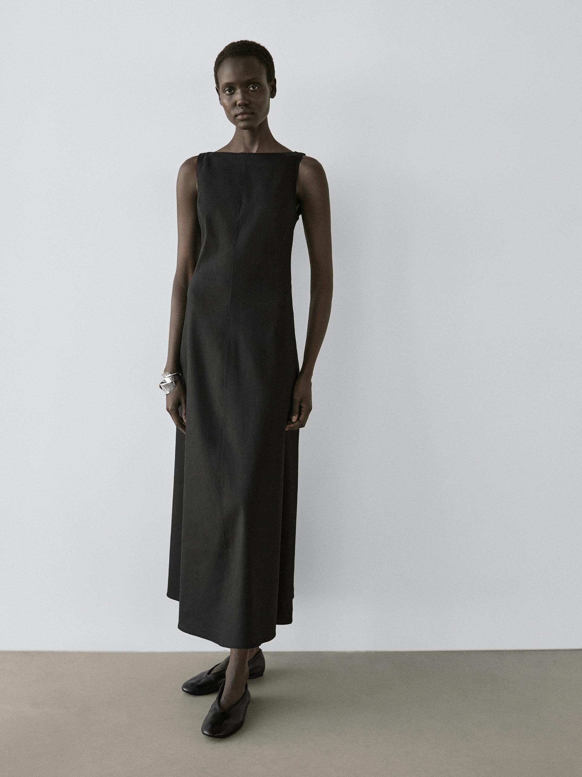 Vestido Comprido Fluido Com Linho - Preto - 38 - Massimo Dutti - Mulher