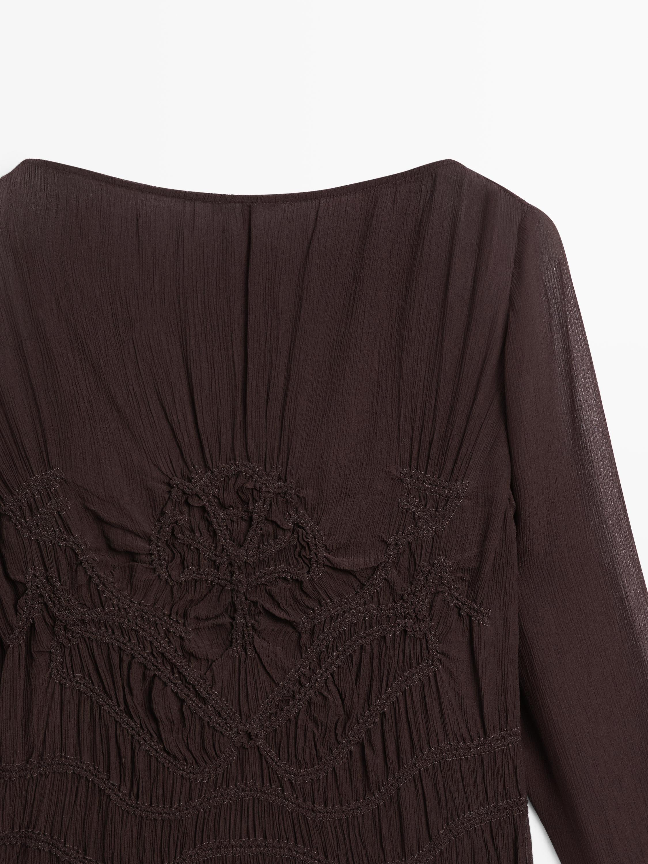 Flowing midi dress with gathered detail — BROWN