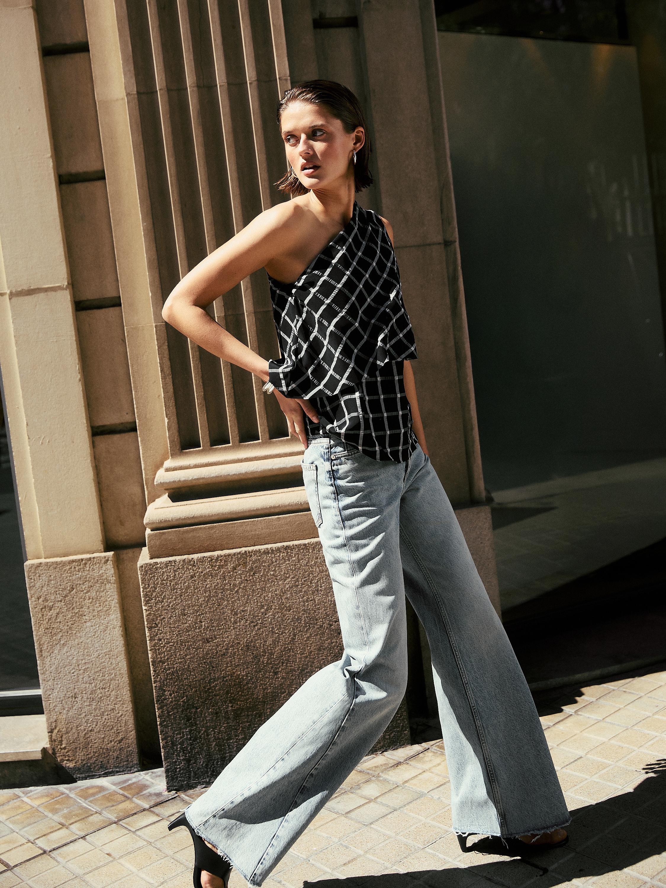 Checked top with asymmetric neckline