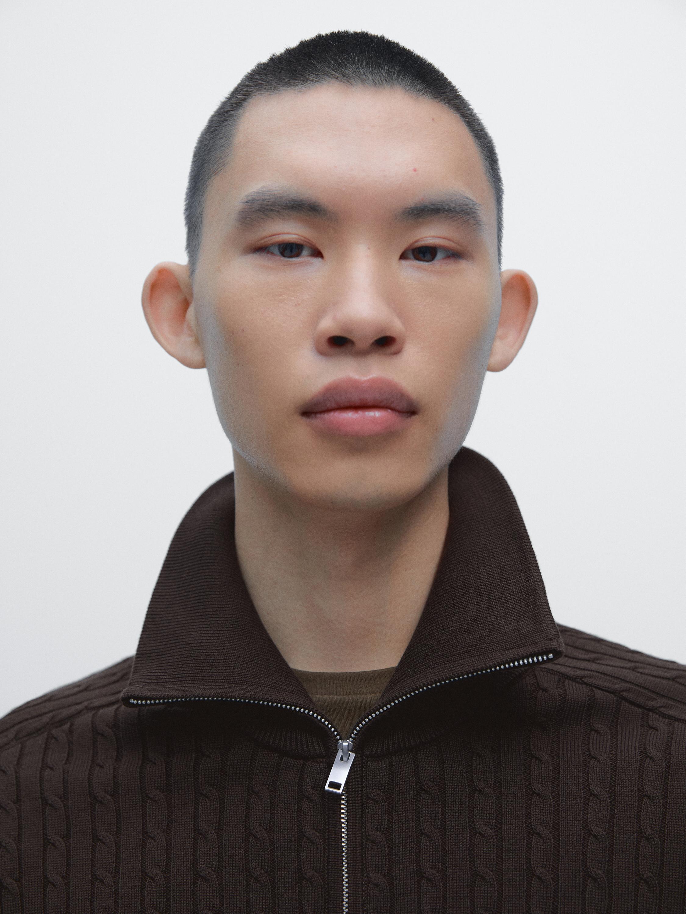 Cotton cable-knit cardigan with zip — BROWN MARL