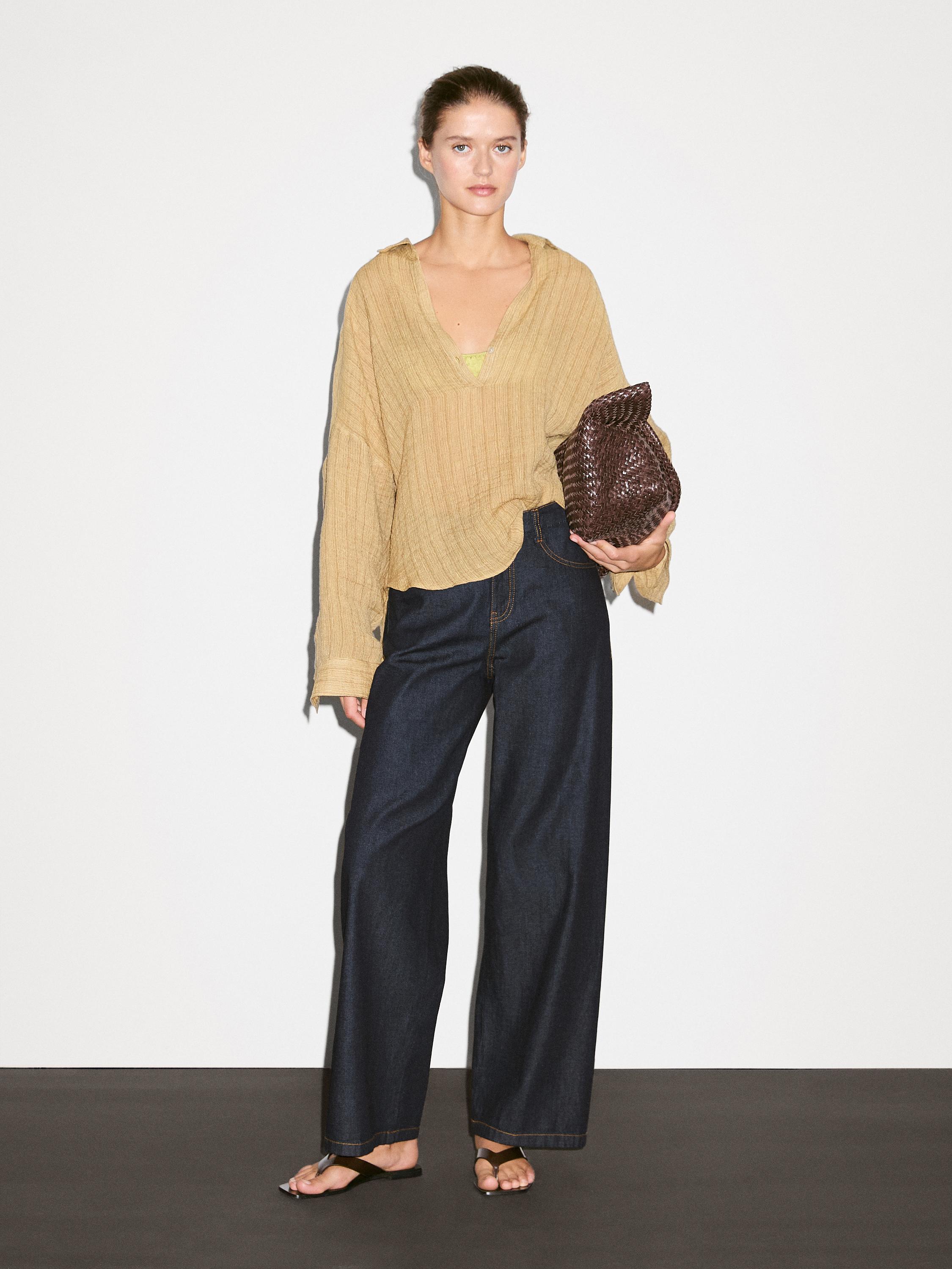 Linen blend open polo collar blouse