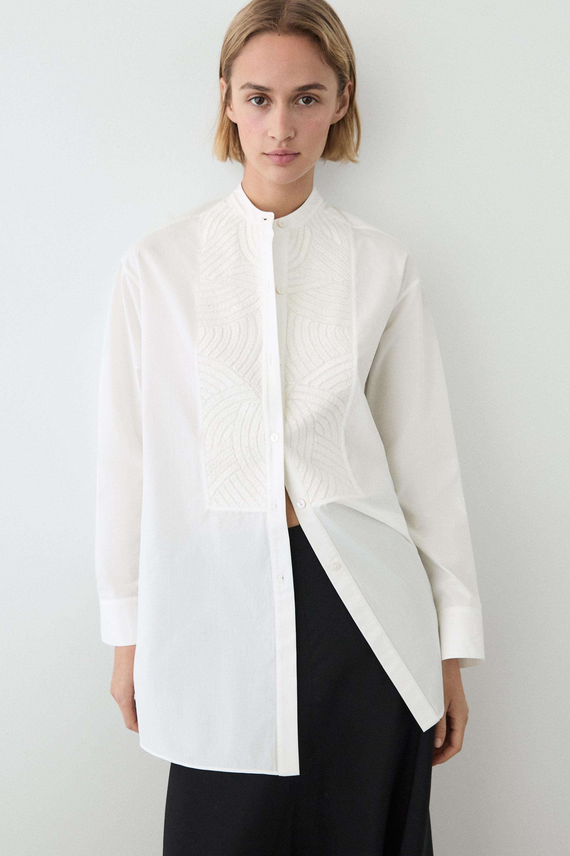 100% cotton poplin shirt with embroidered bib — WHITE