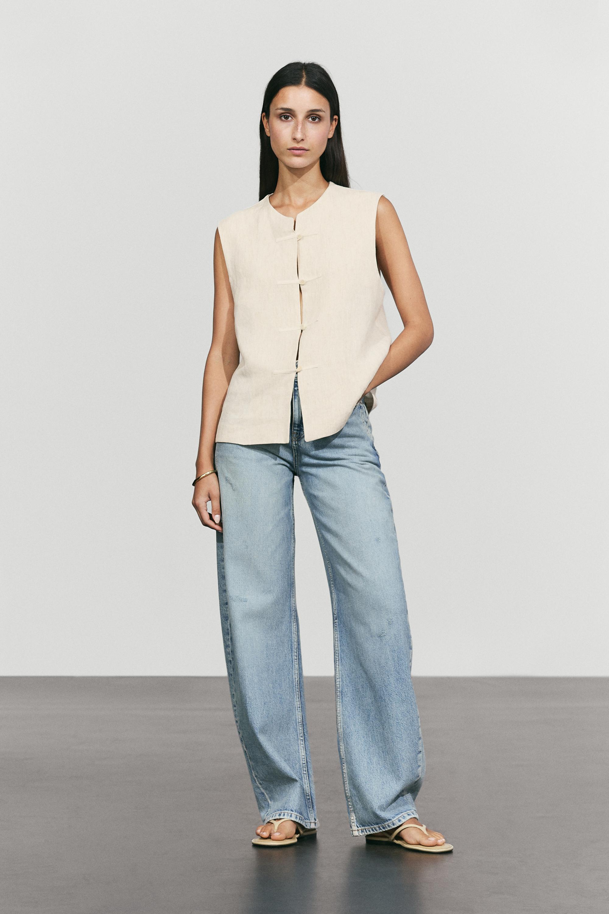 Linen blend button-detail vest — SAND