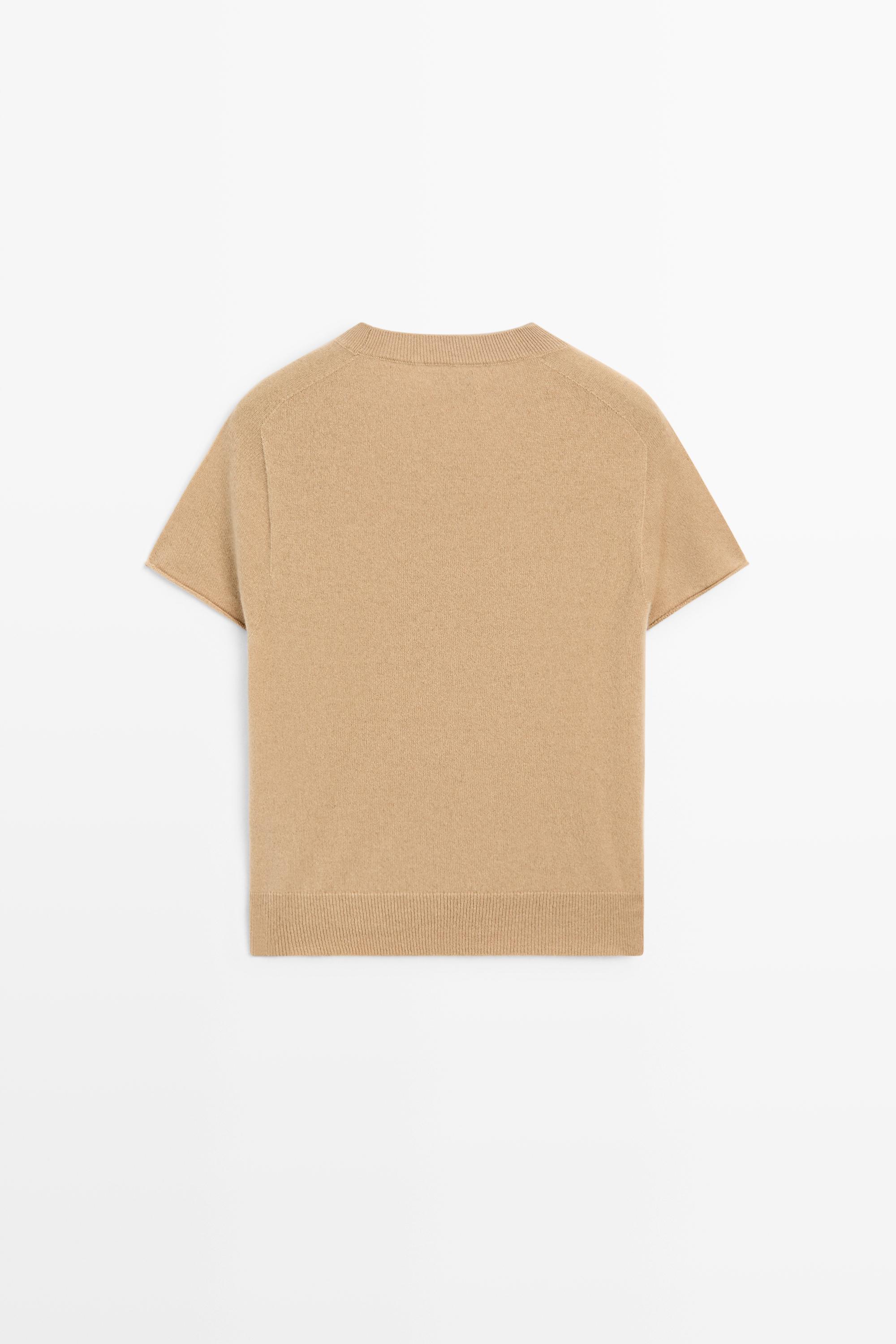 100% cashmere short sleeve knit sweater — CAMEL