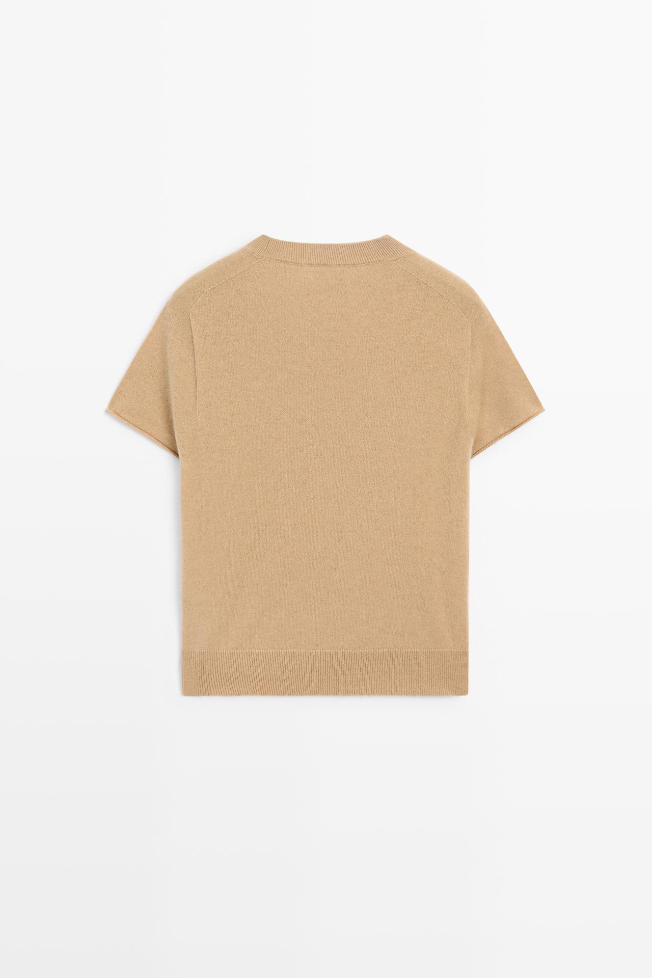 100% cashmere short sleeve knit sweater — CAMEL