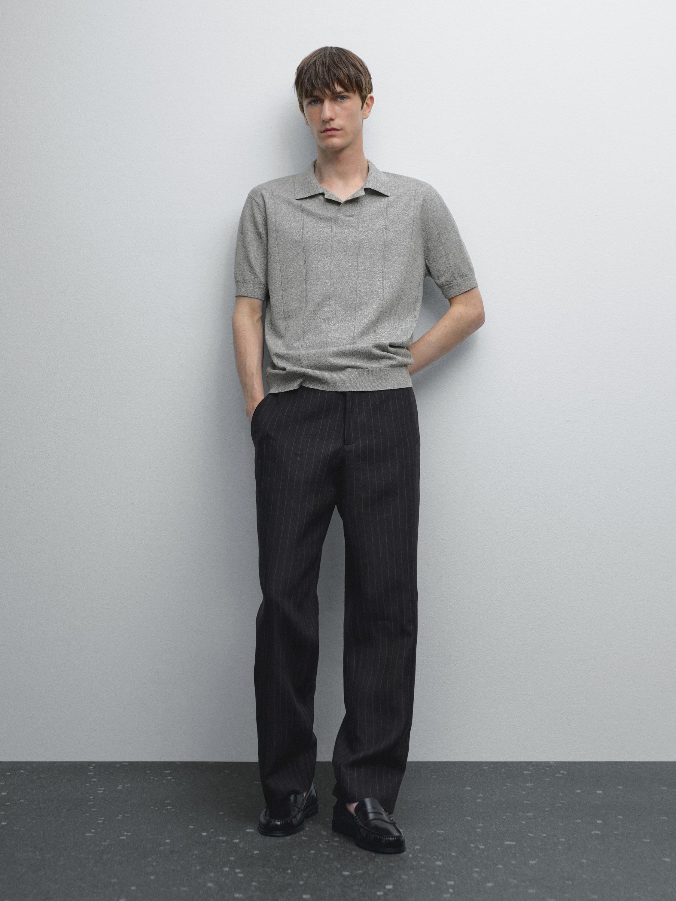 Striped linen blend knit polo shirt