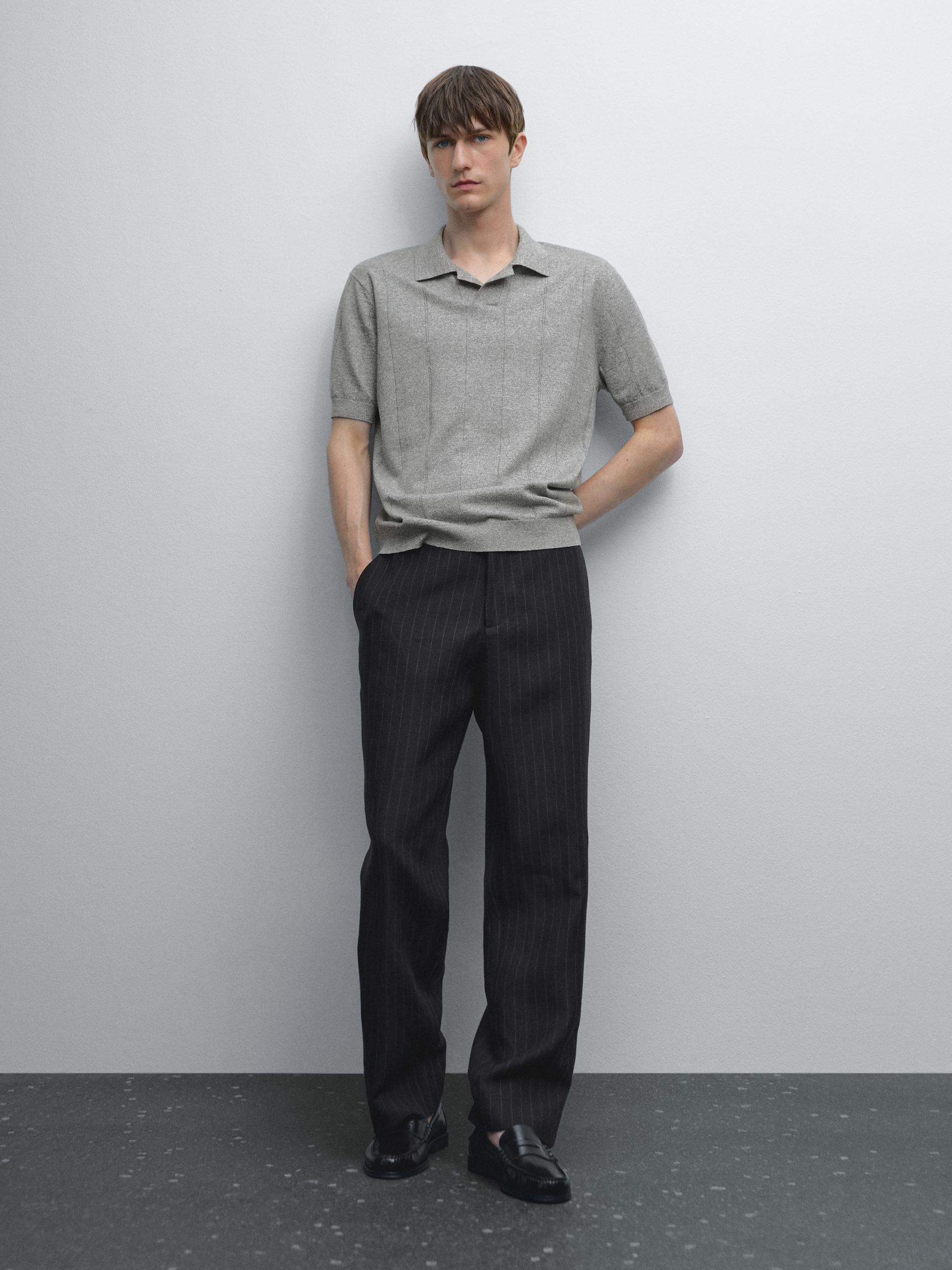 Polo En Maille À Rayures En Lin - Gris Chiné - M - Massimo Dutti - Homme