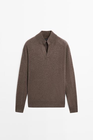 100% cashmere mock V-neck knit sweater — MOCHA 2
