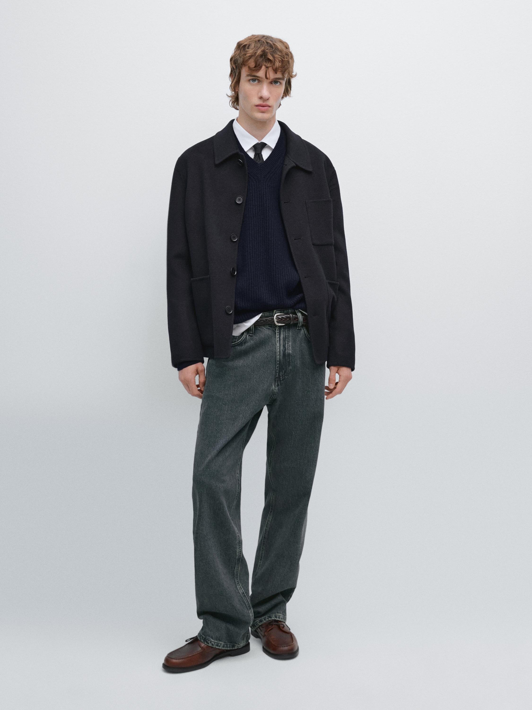 Cepli çift kat yün karışımlı ince ceket