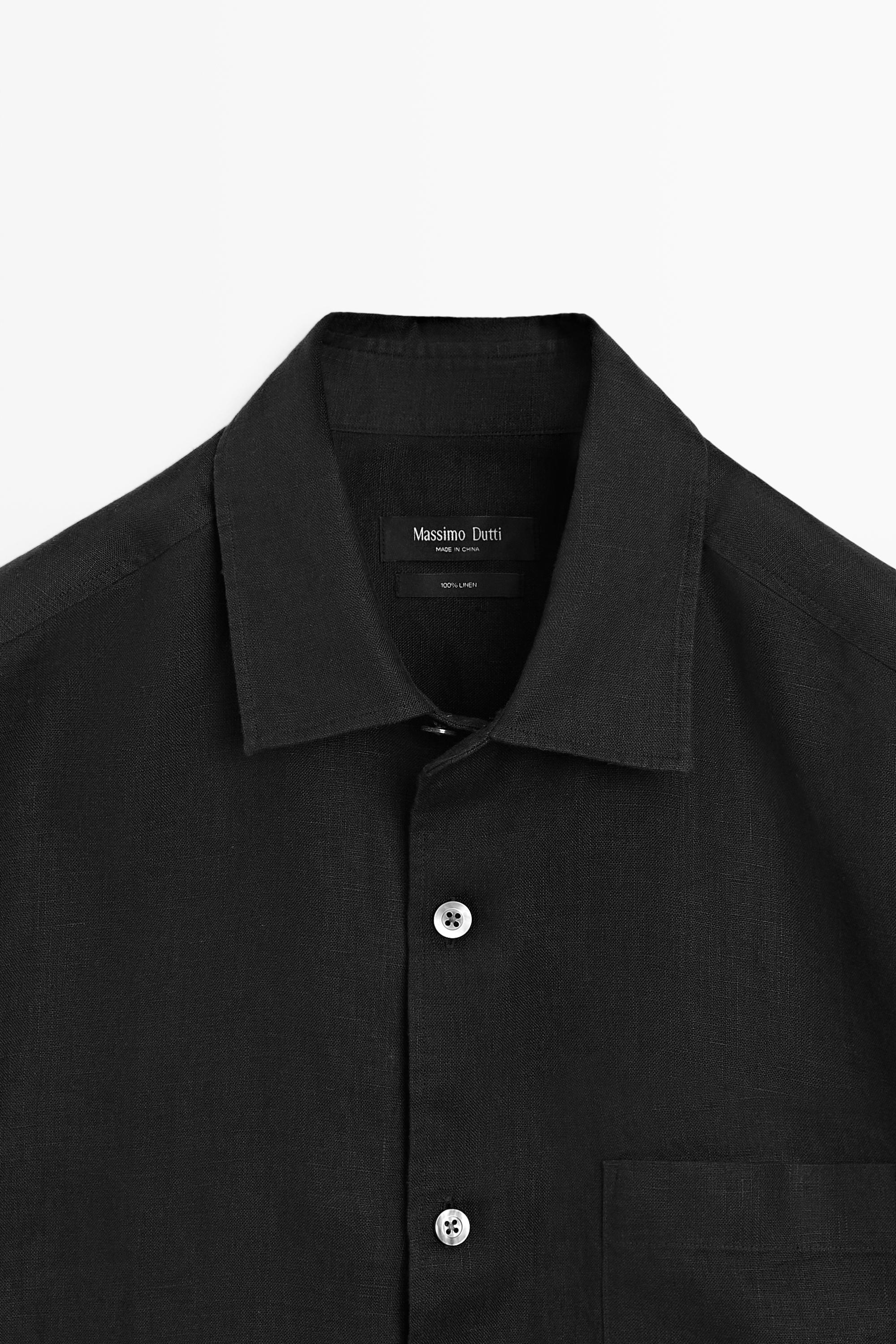 100% linen regular fit short sleeve shirt — BLACK