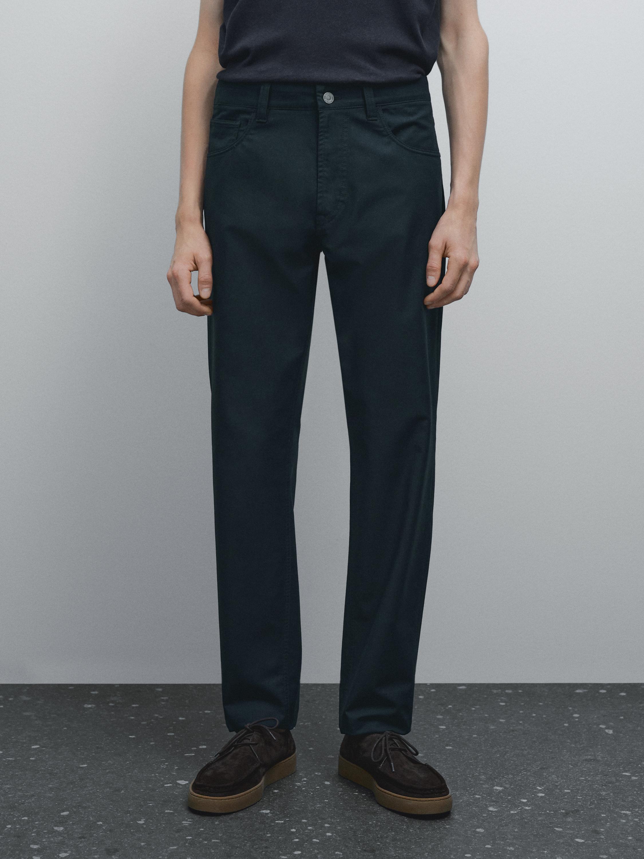 Lightweight tapered fit denim-effect trousers