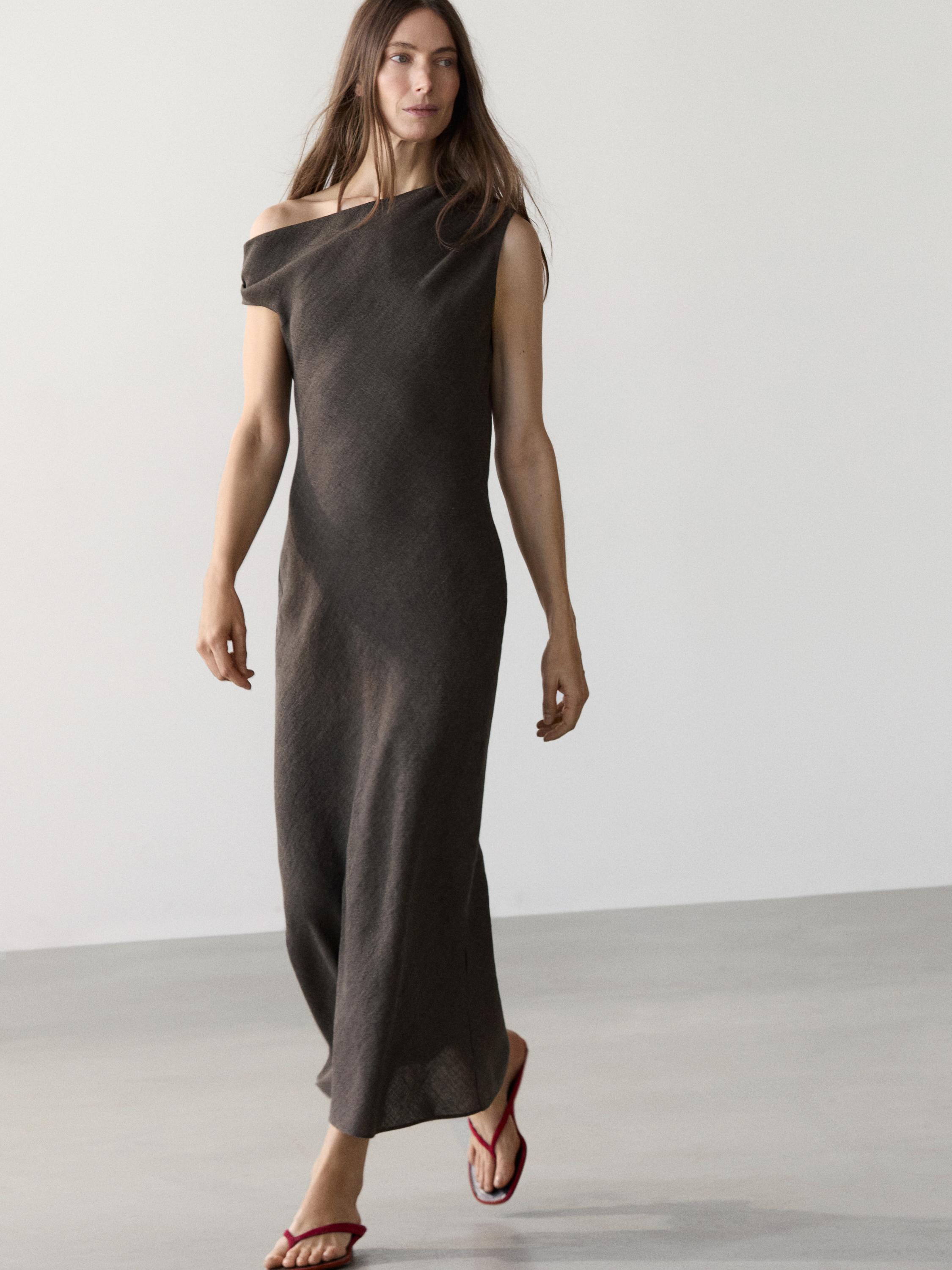 Midi dress with pleated shoulder detail — DARK GREY