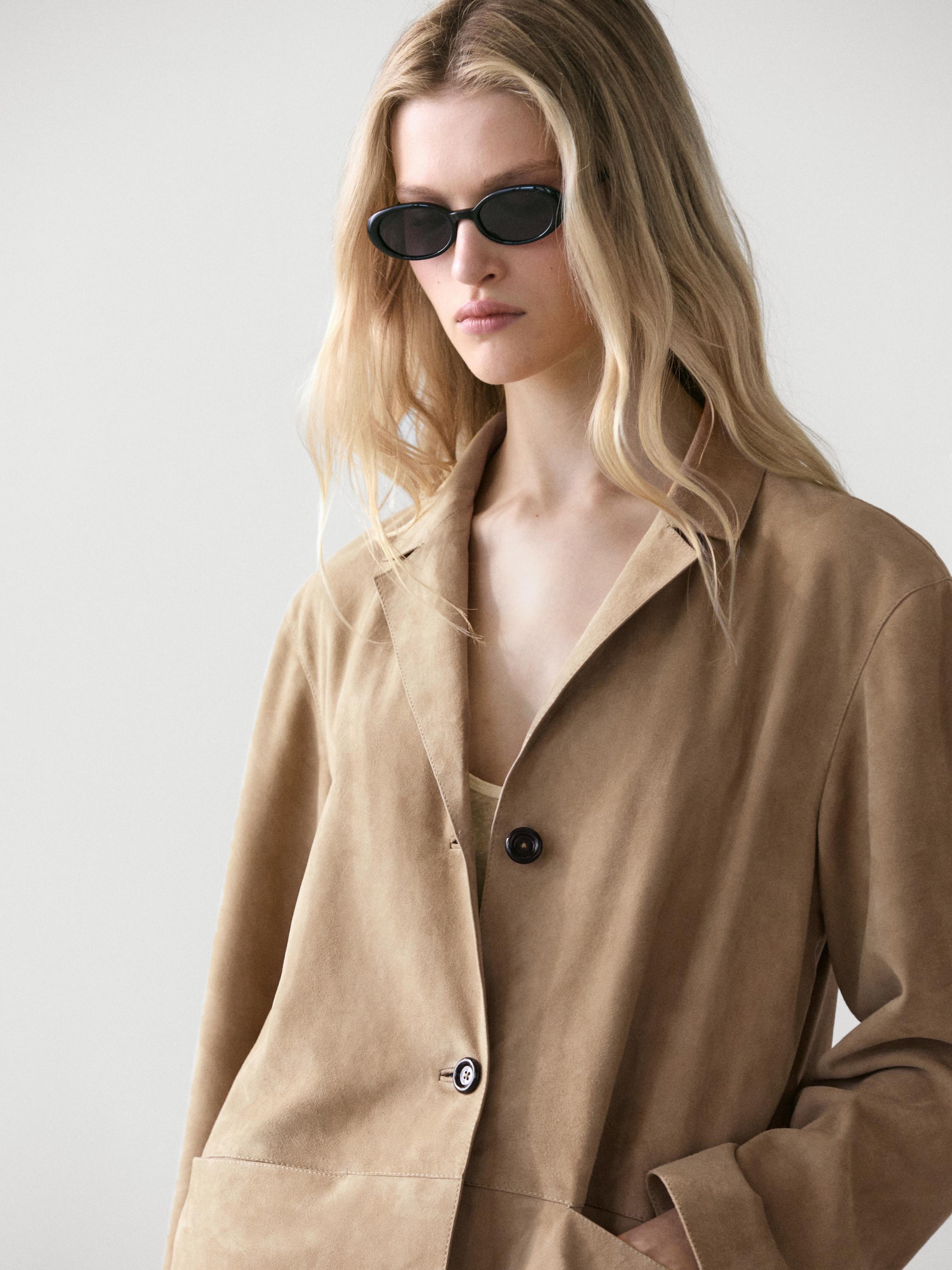 100% suede leather blazer with pocket details — SAND