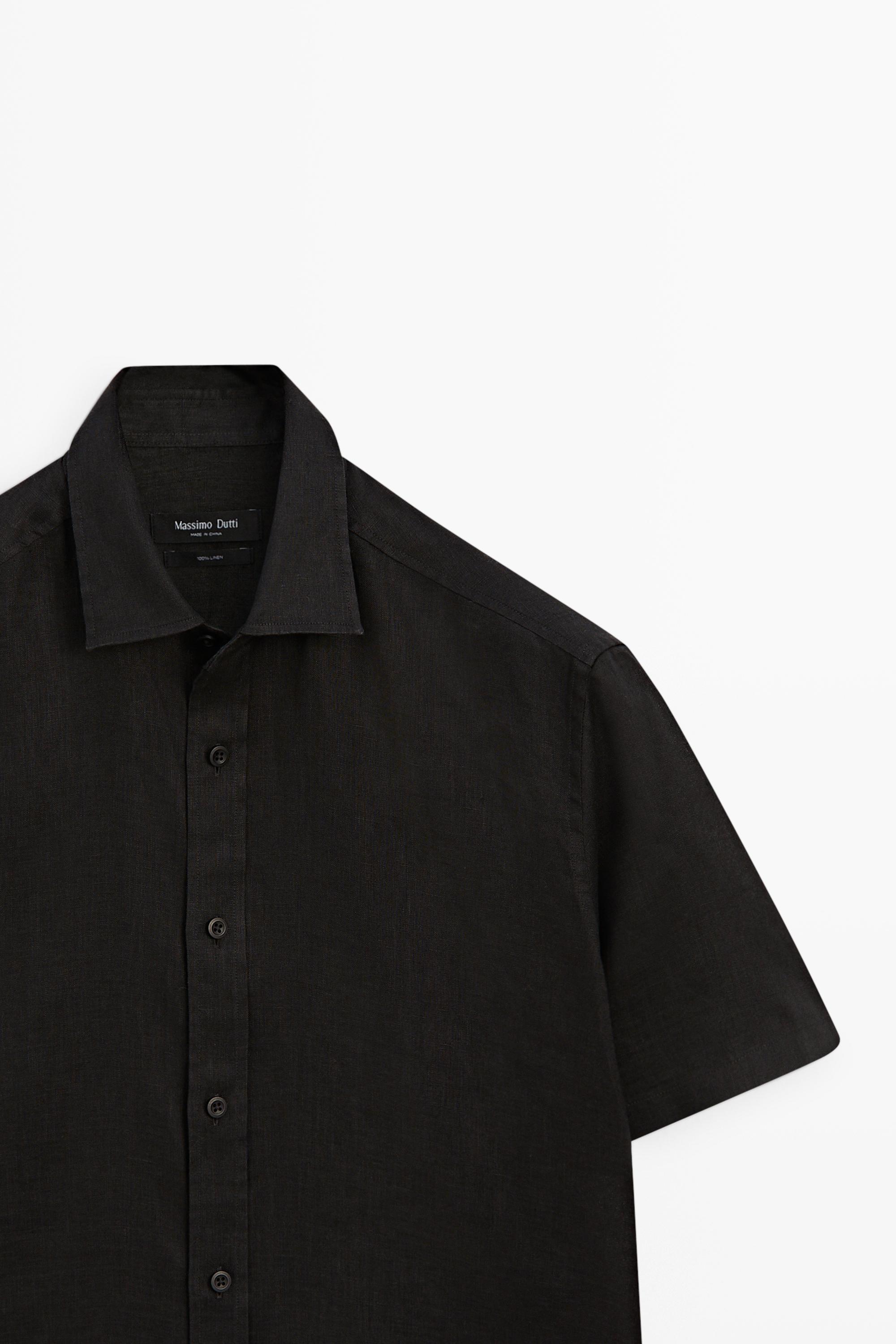 Regular fit 100% linen short sleeve shirt — BLACK