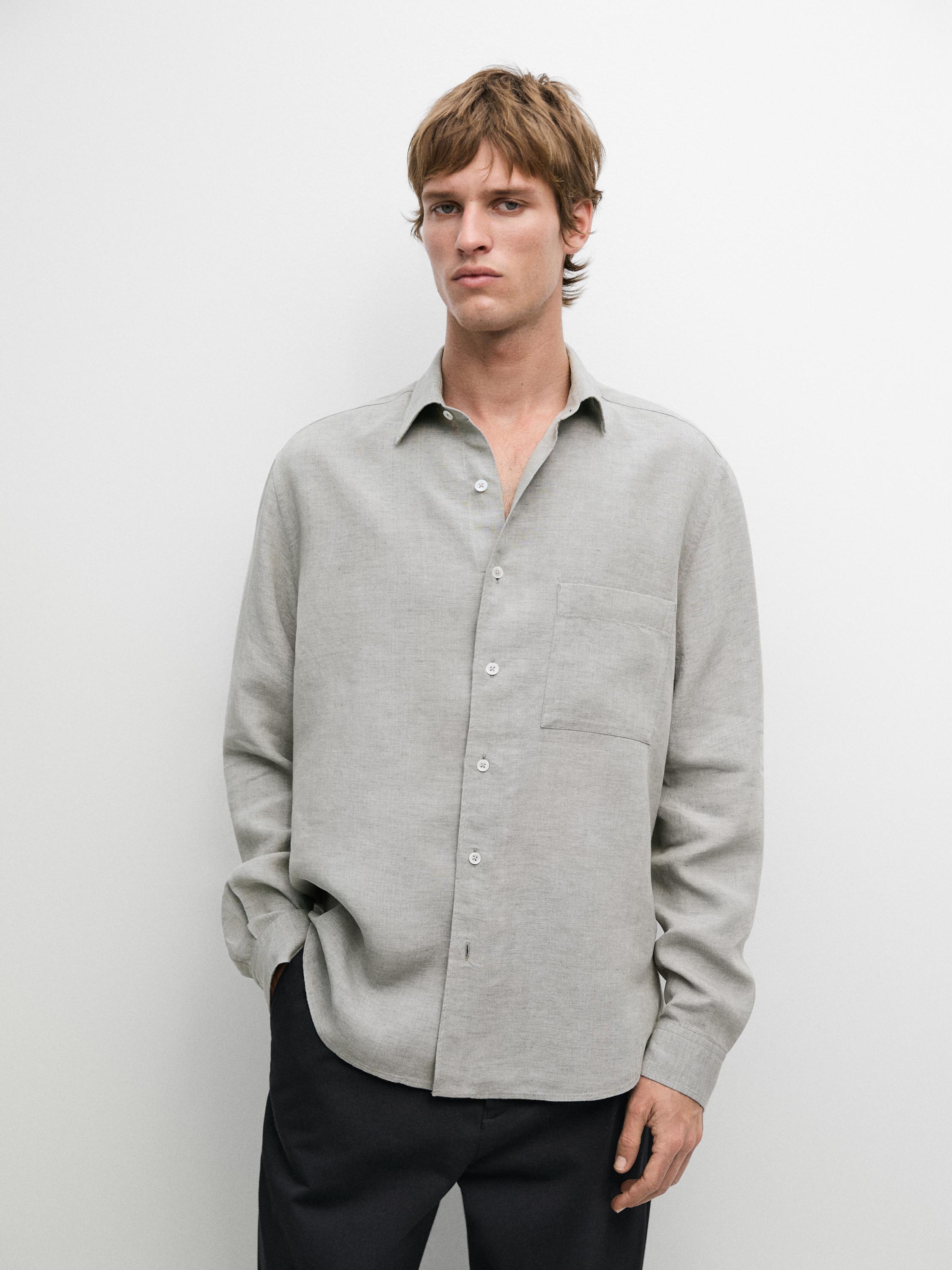 100% linen regular fit shirt with pocket — GREY