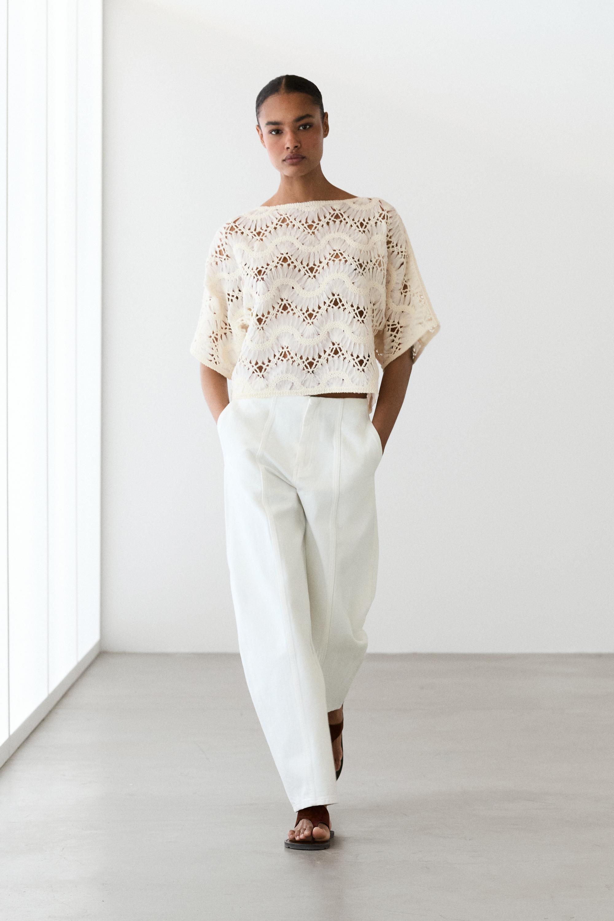 Short sleeve crochet top — CREAM