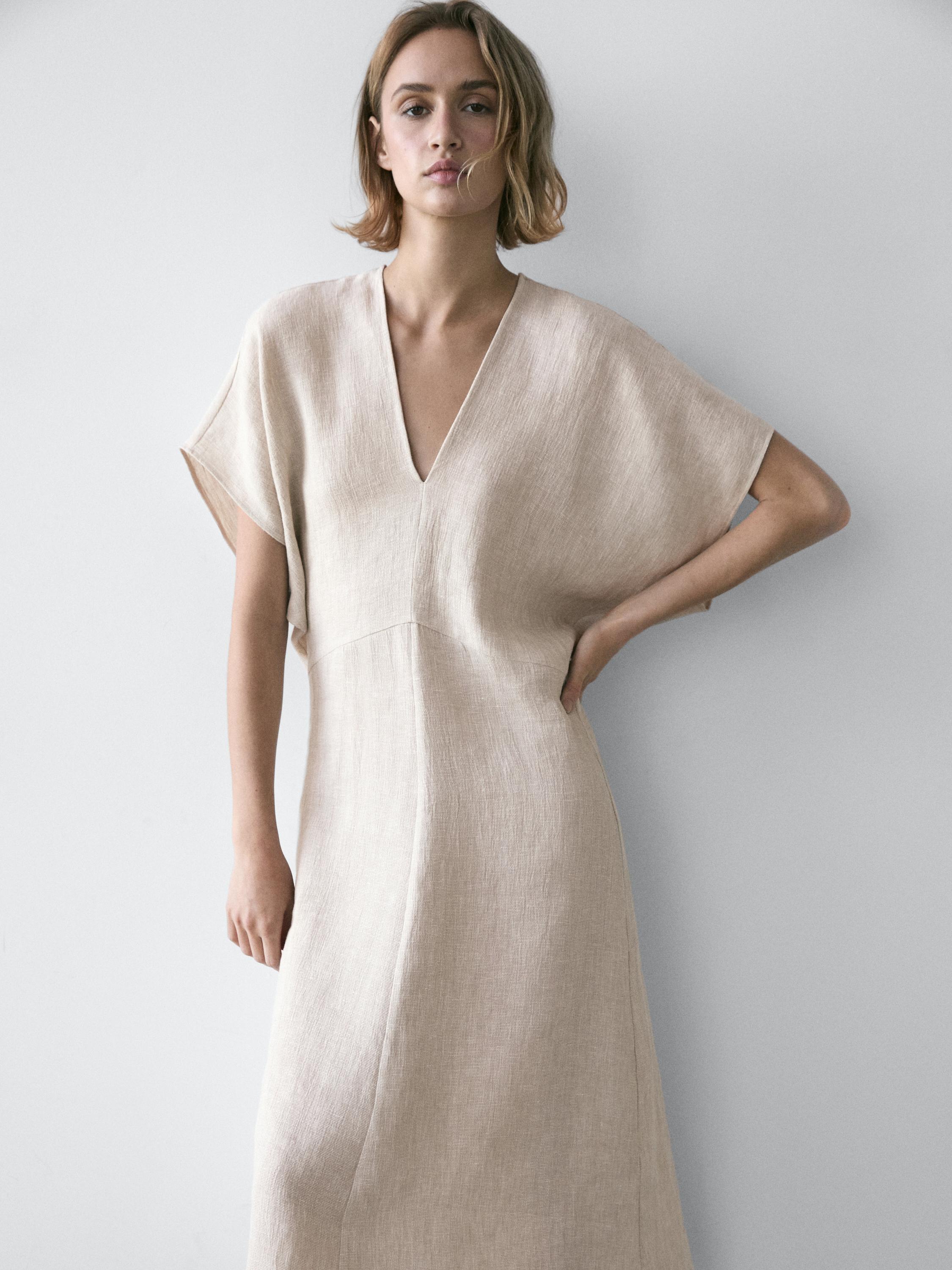 Lagana lanena midi haljina kratkih rukava