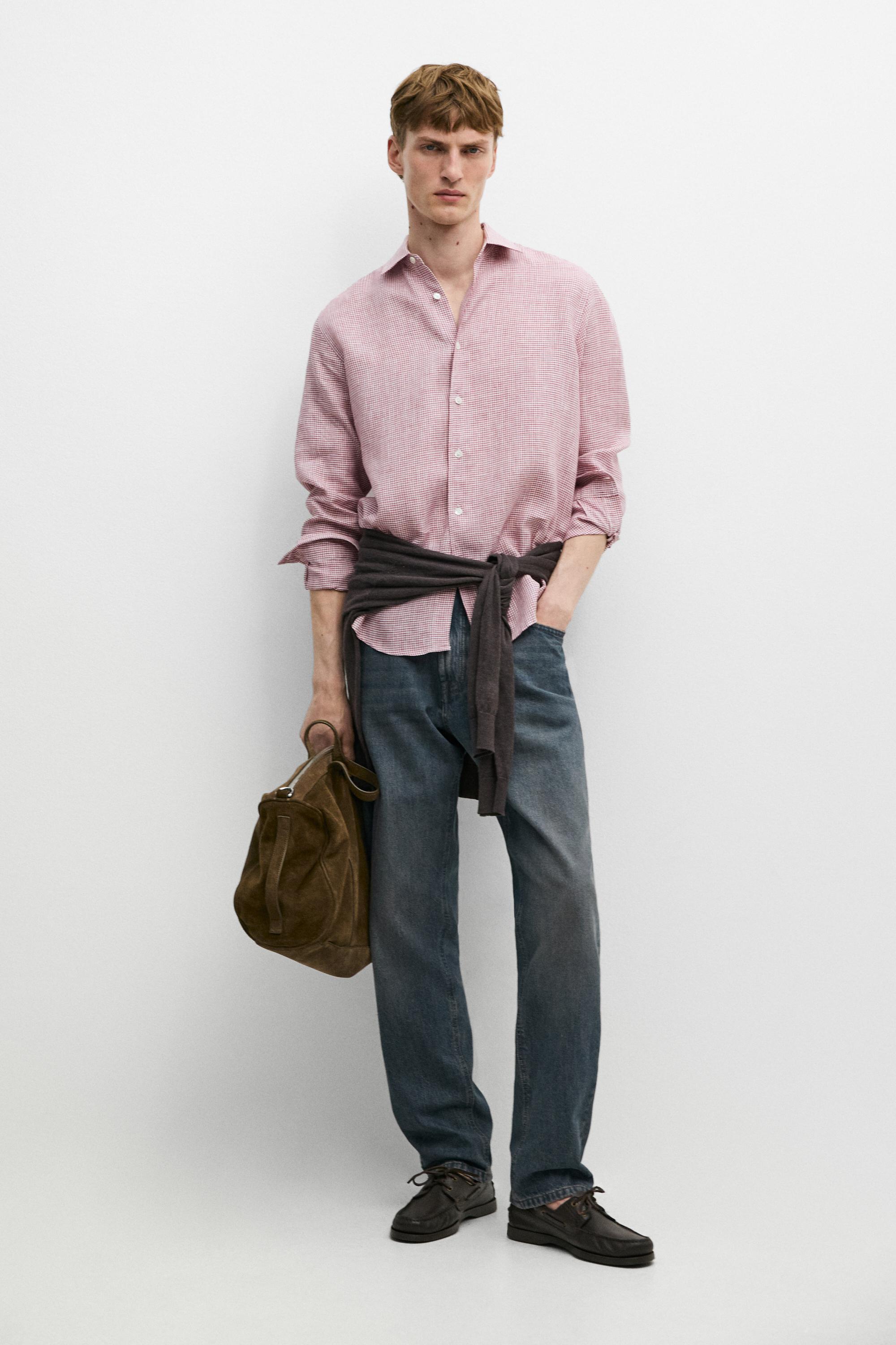 100% linen regular fit micro-checked shirt — BRIGHT RED
