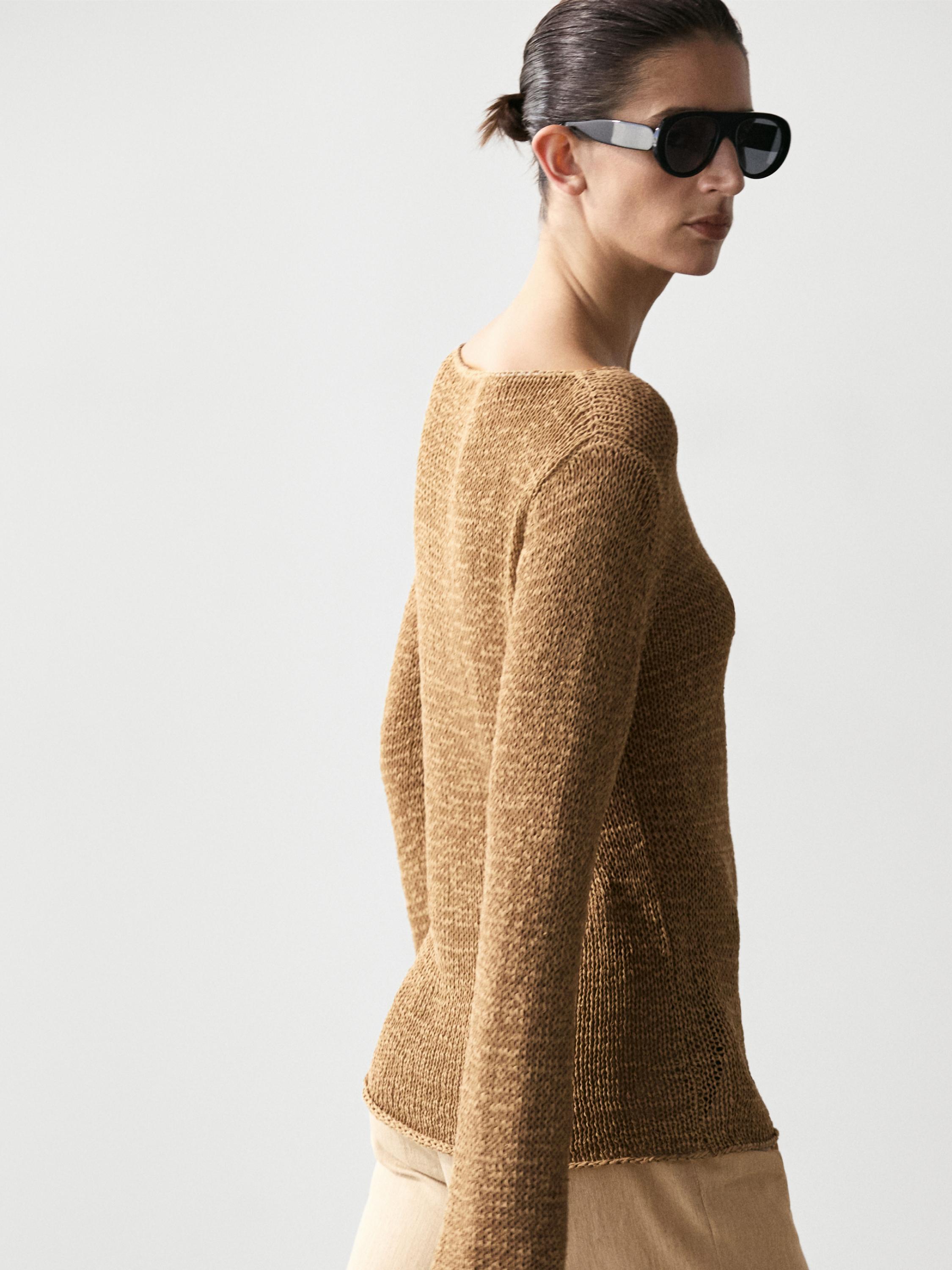 Cotton blend knit boat neck sweater — OCHRE