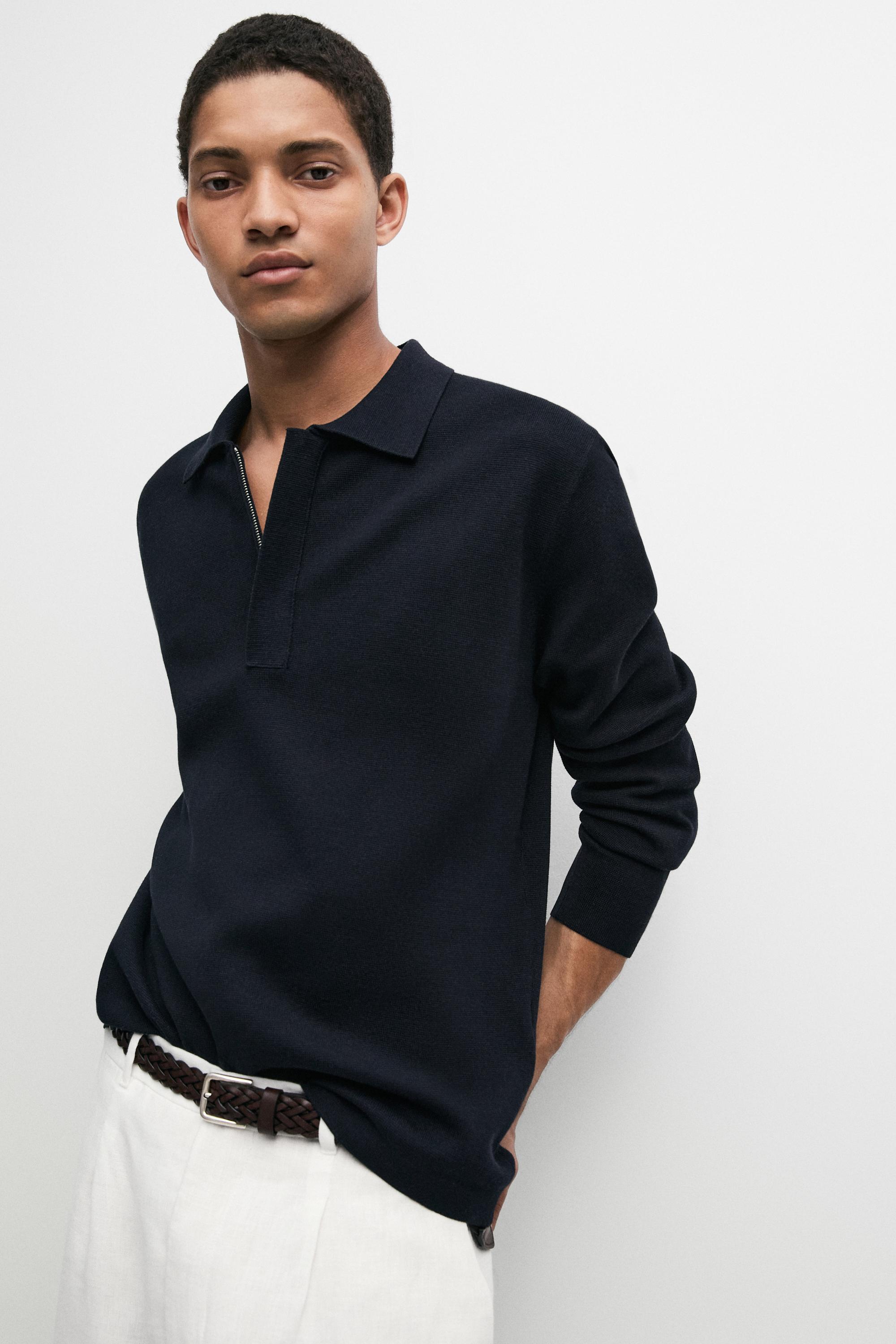 Cotton blend zip-up knit polo sweater — NAVY BLUE