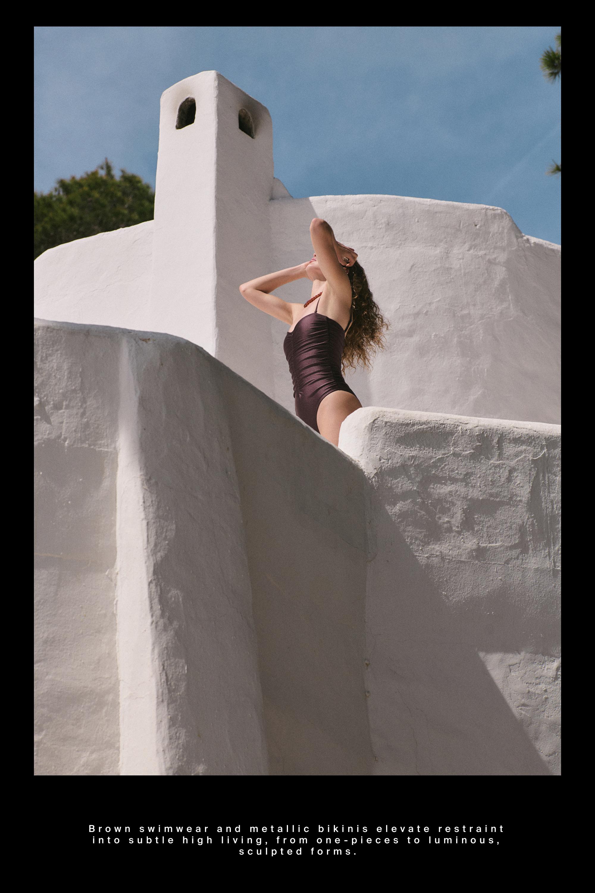 Shimmery gathered swimsuit — BROWN