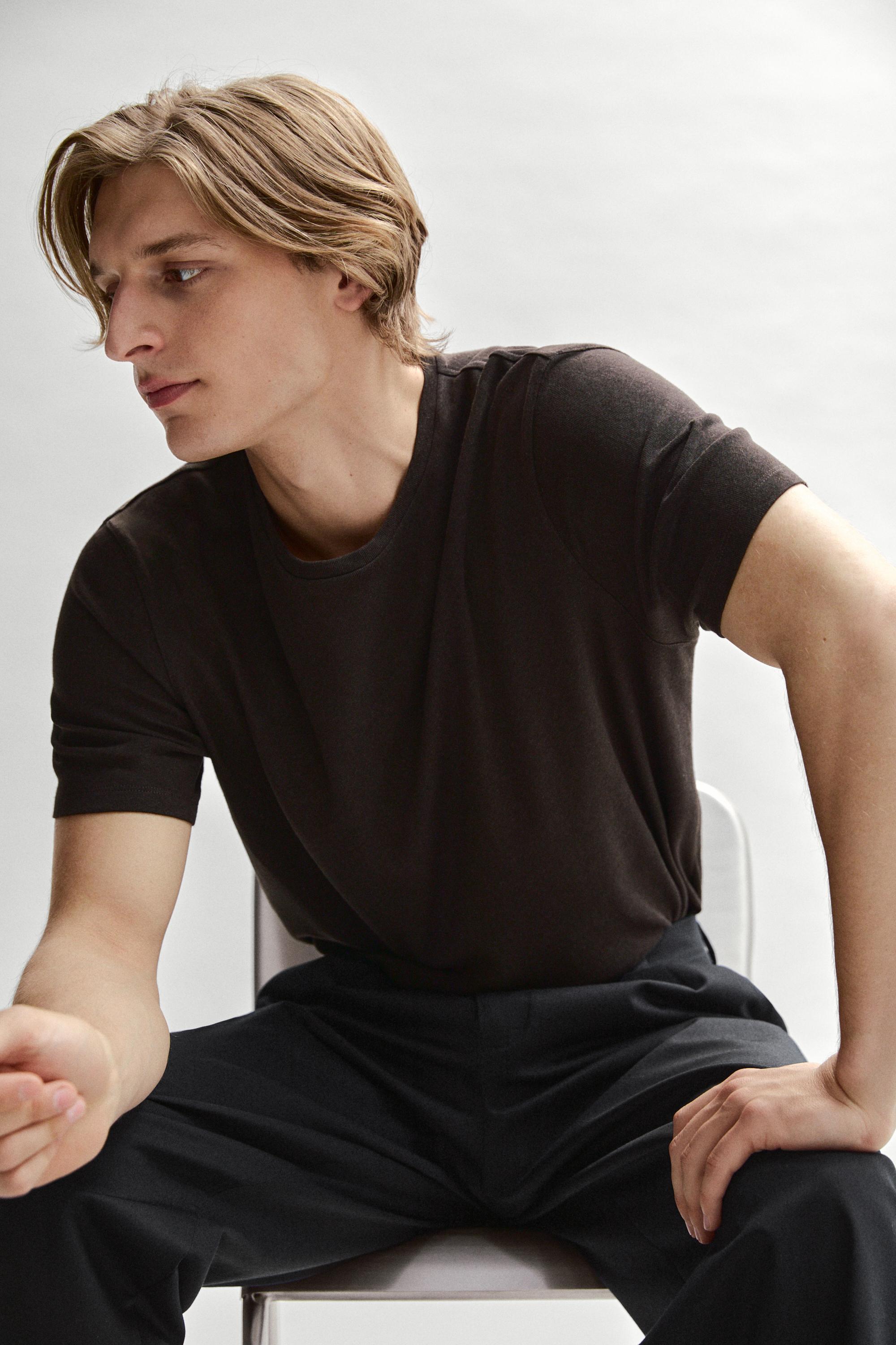 Short sleeve linen and cotton T-shirt — BROWN