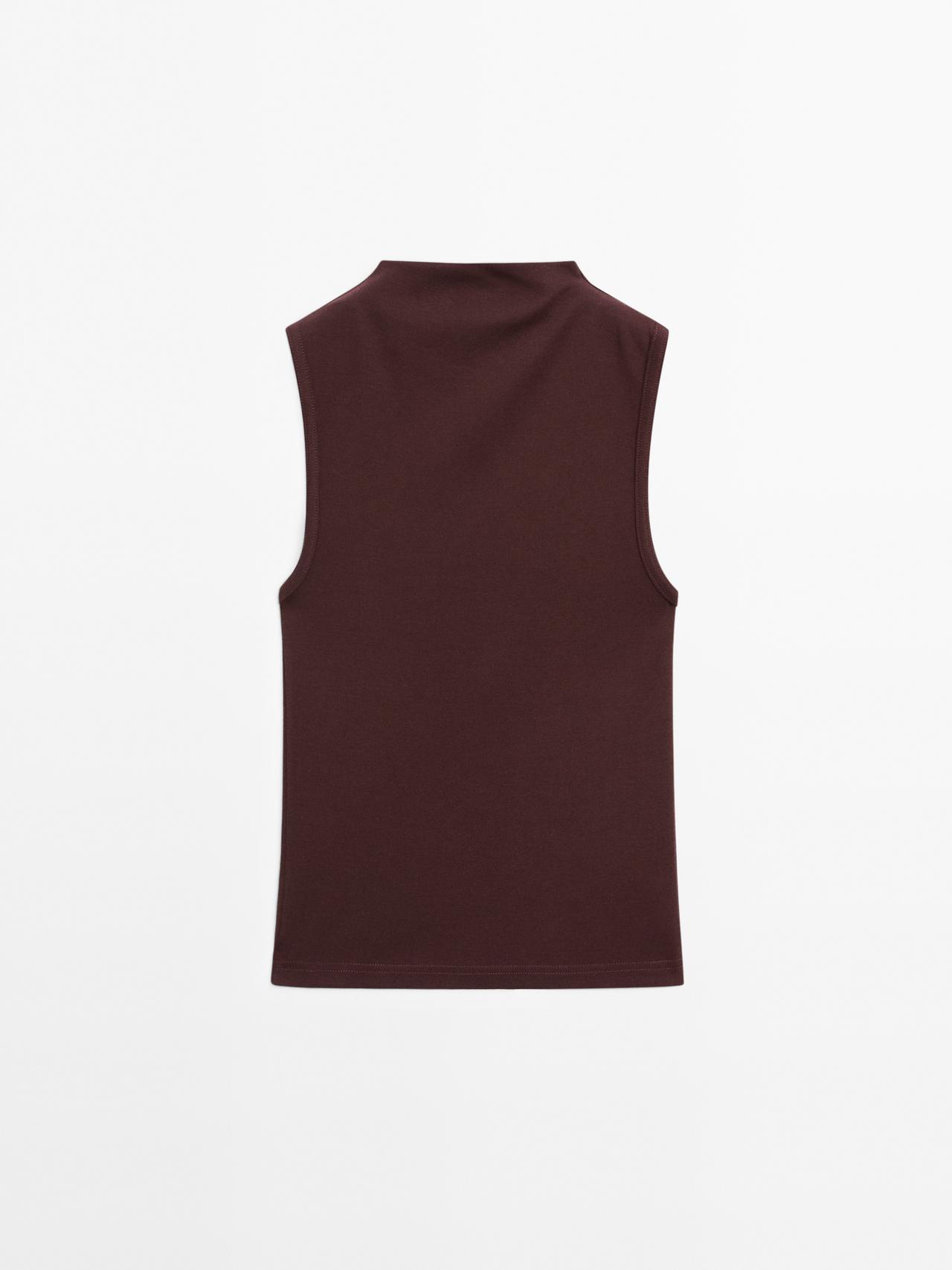 Massimo Dutti - Dame - Top I 100 % Bomuld Med Skorstenskrave - Bordeaux - L