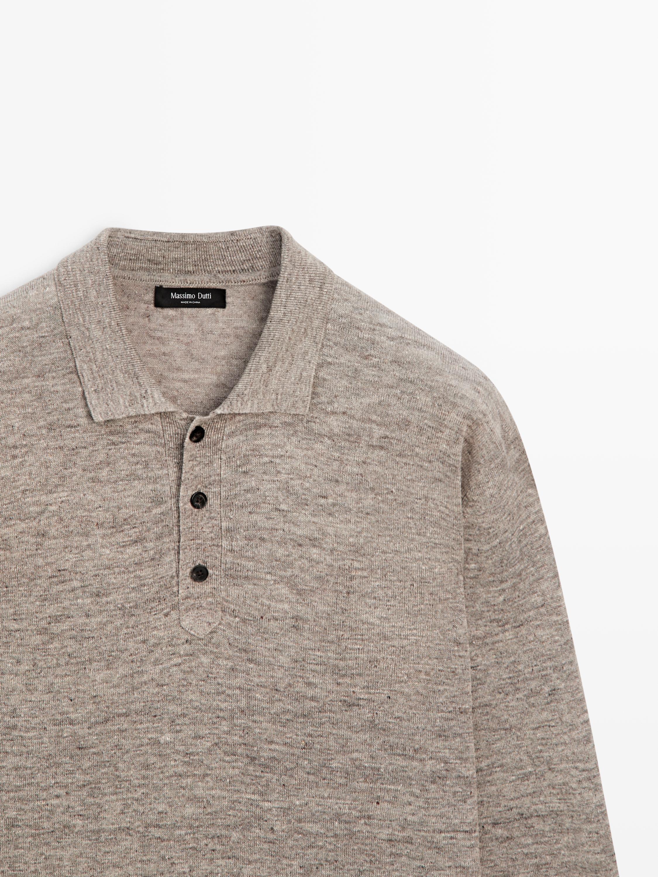 100% linen knit polo collar sweater — BEIGE MARL