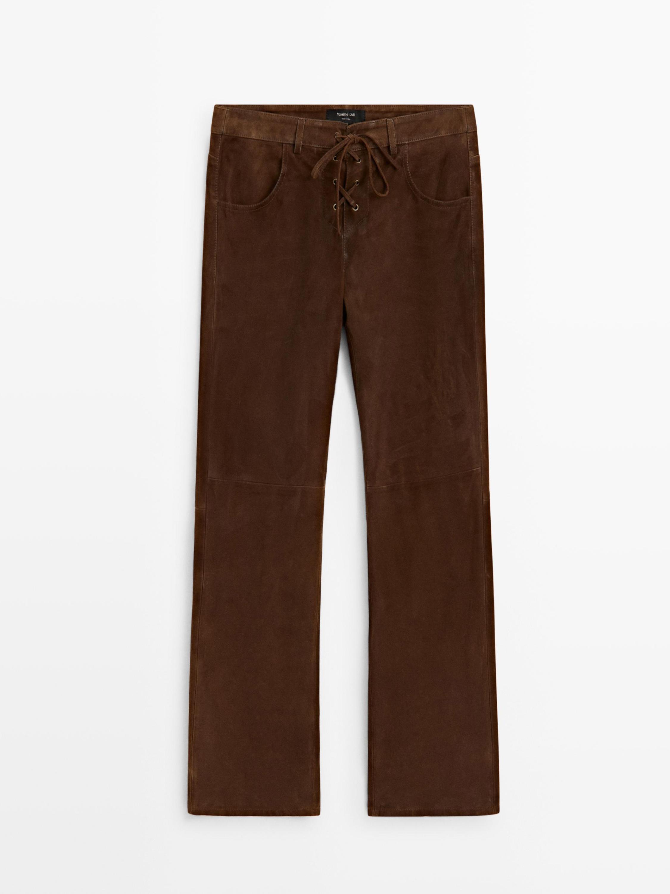 Cropped suede leather trousers with drawstrings — BROWN