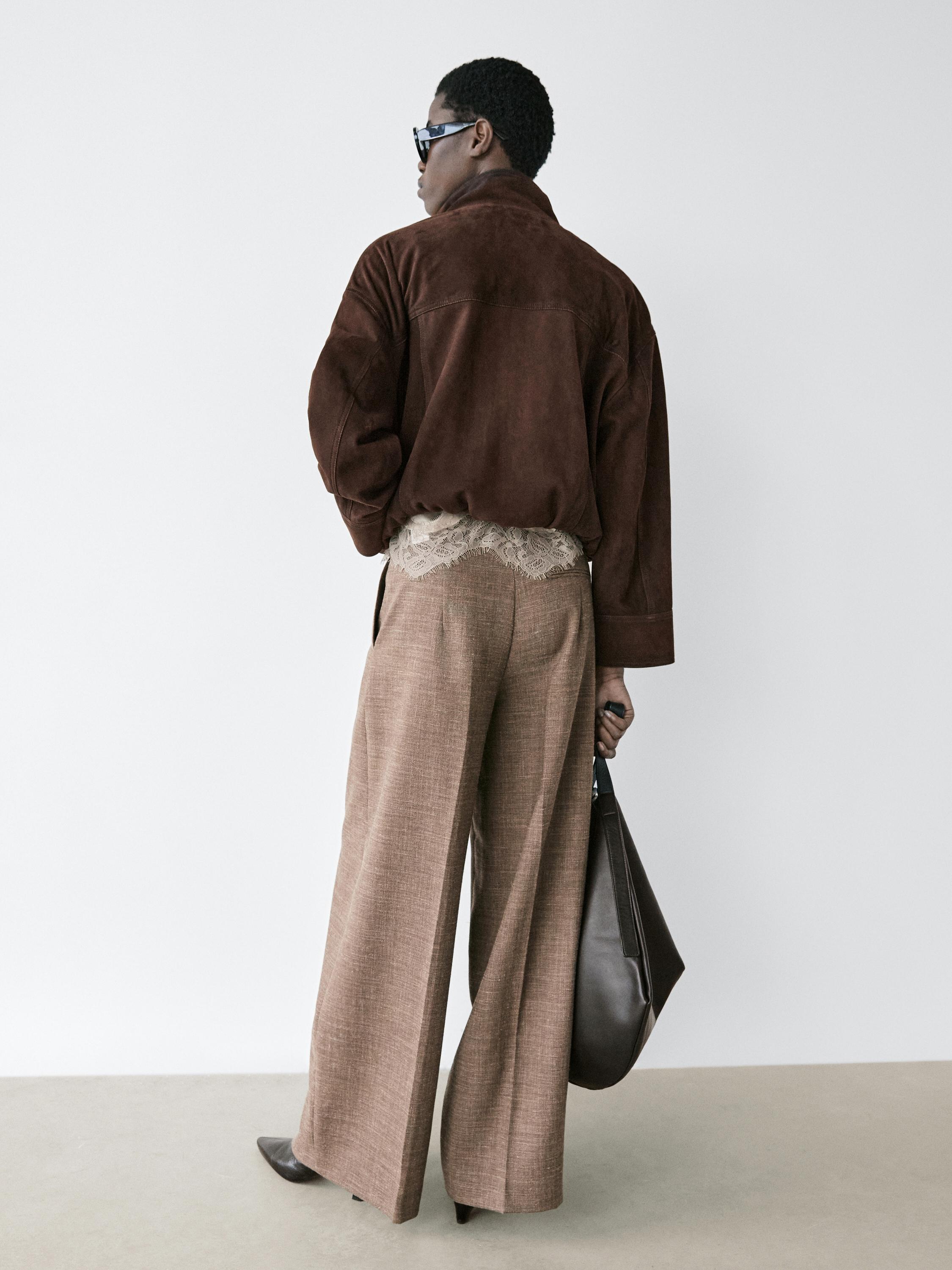 Wide-leg voluminous wool blend trousers — TAUPE GREY