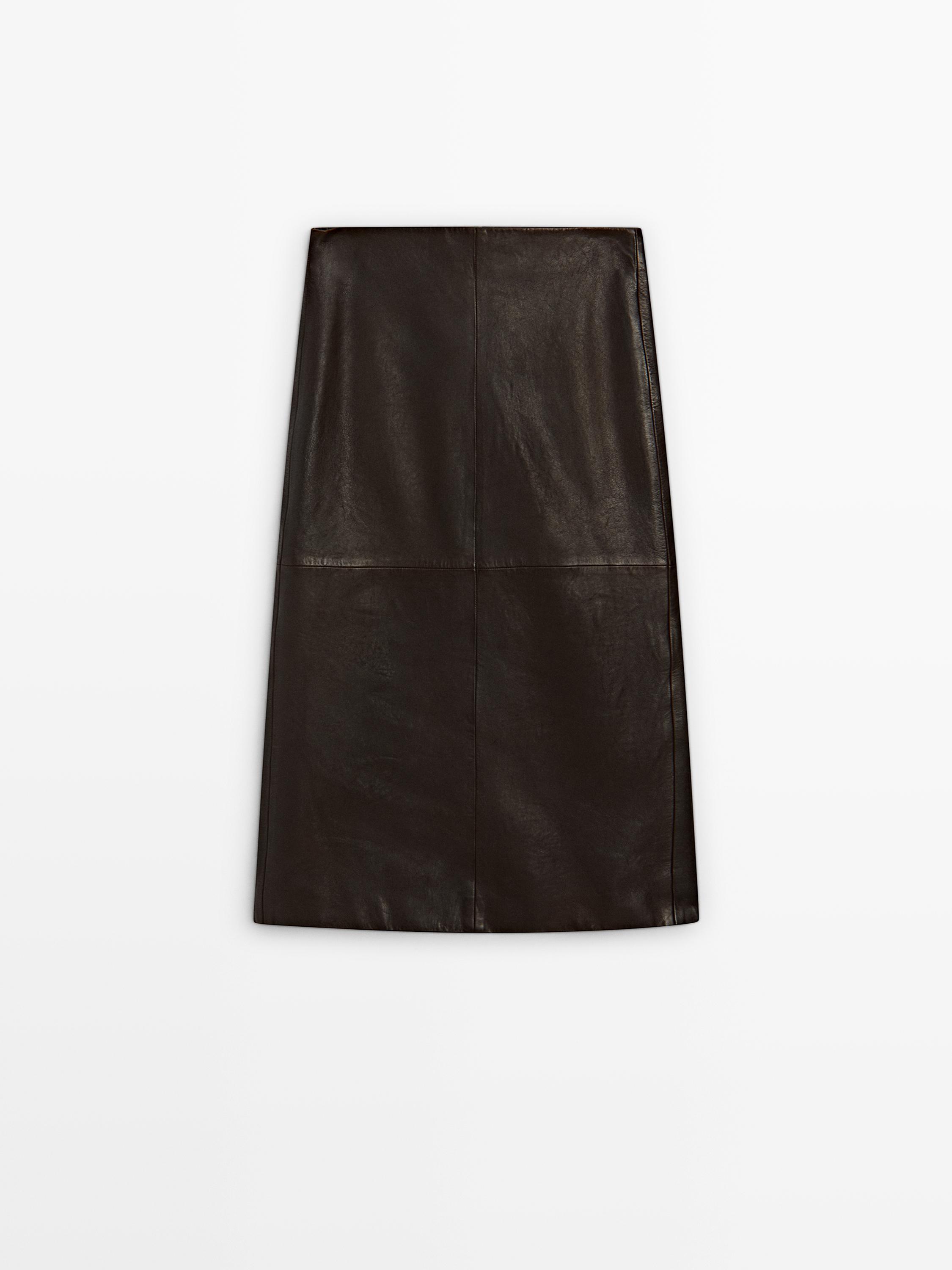 Straight nappa leather midi skirt with slit