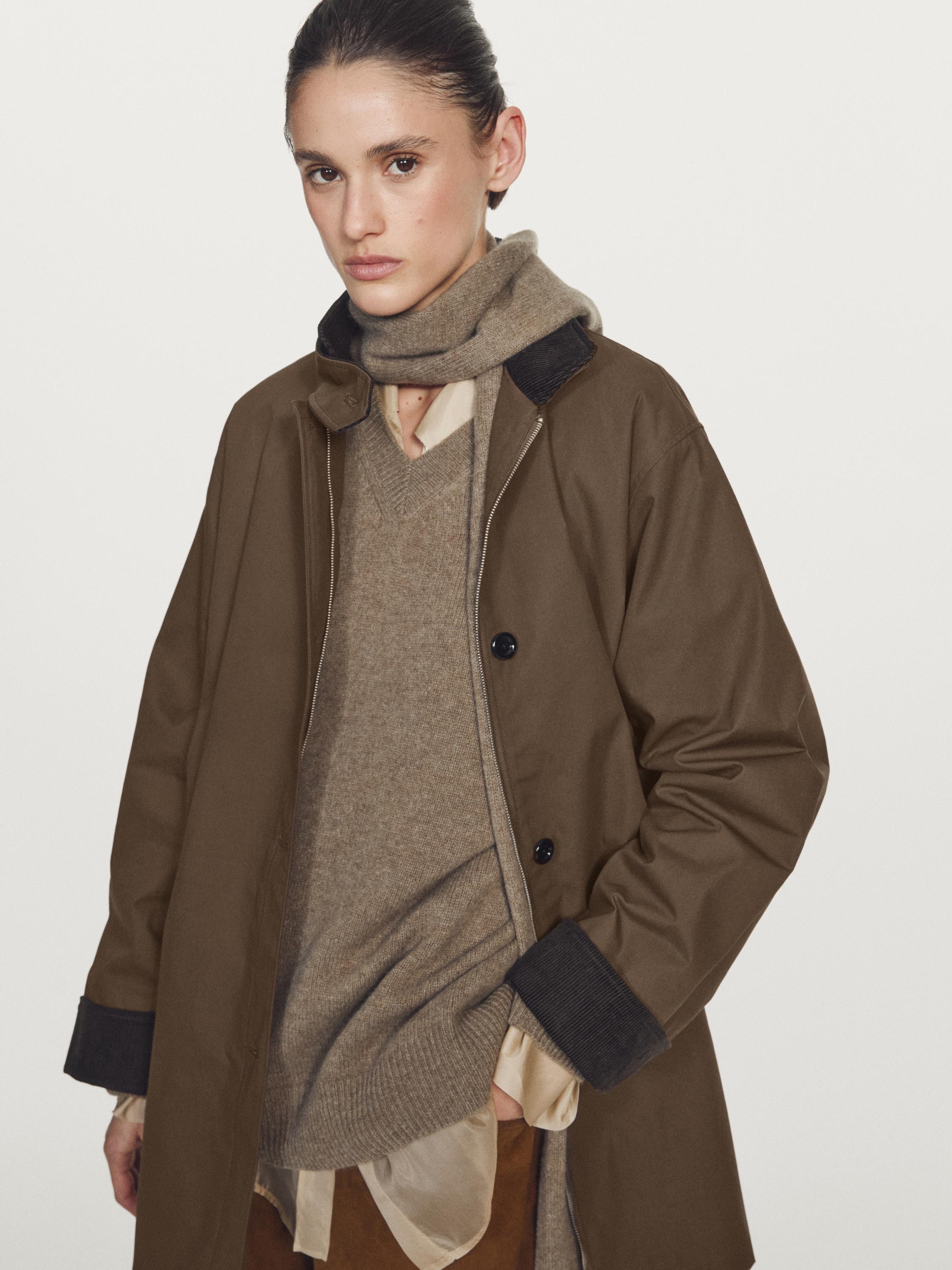 Waxed high neck parka with corduroy detail