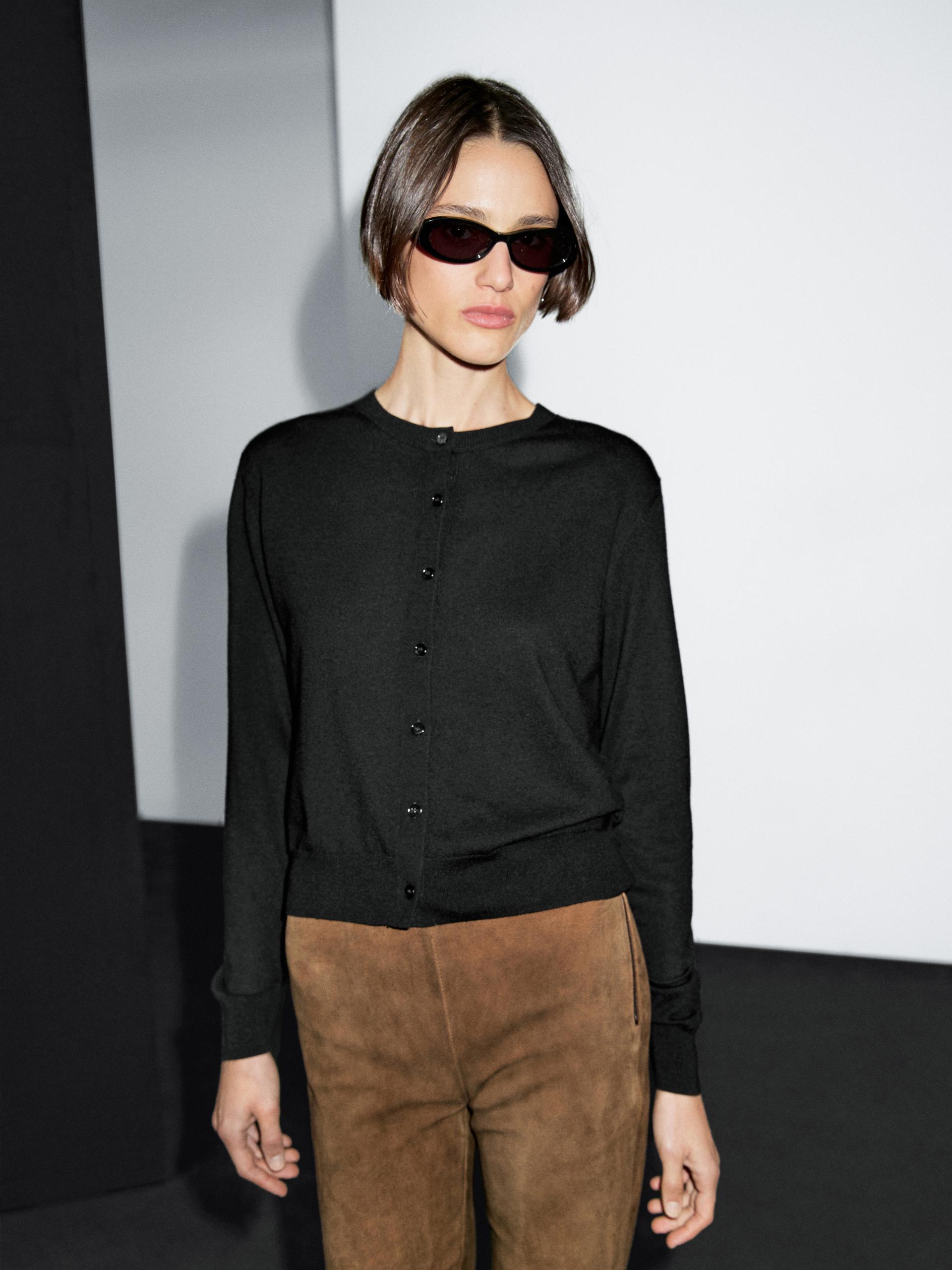Cárdigan Punto Cuello Redondo Con Lana - Negro - S - Massimo Dutti - Mujer