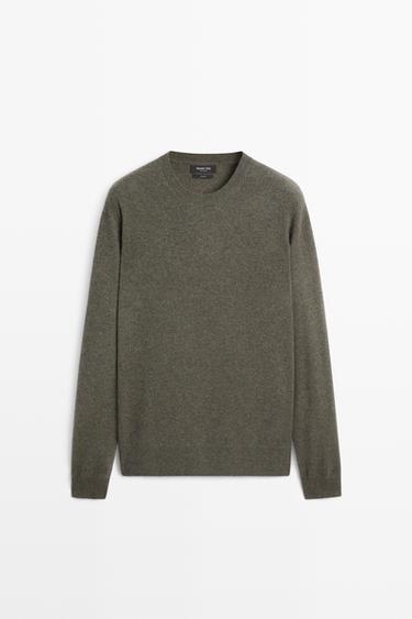 Knit 100% cashmere round neck sweater — MEDIUM KHAKI 2