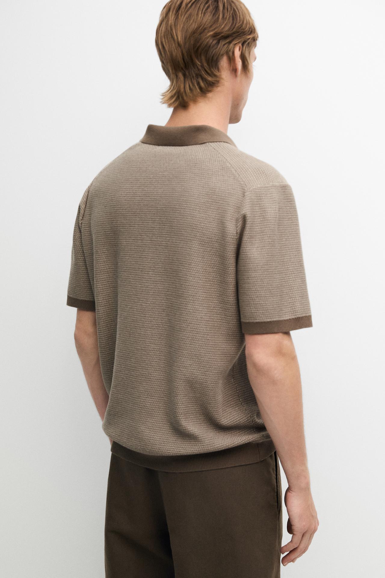100% cotton contrast knit polo sweater — KHAKI