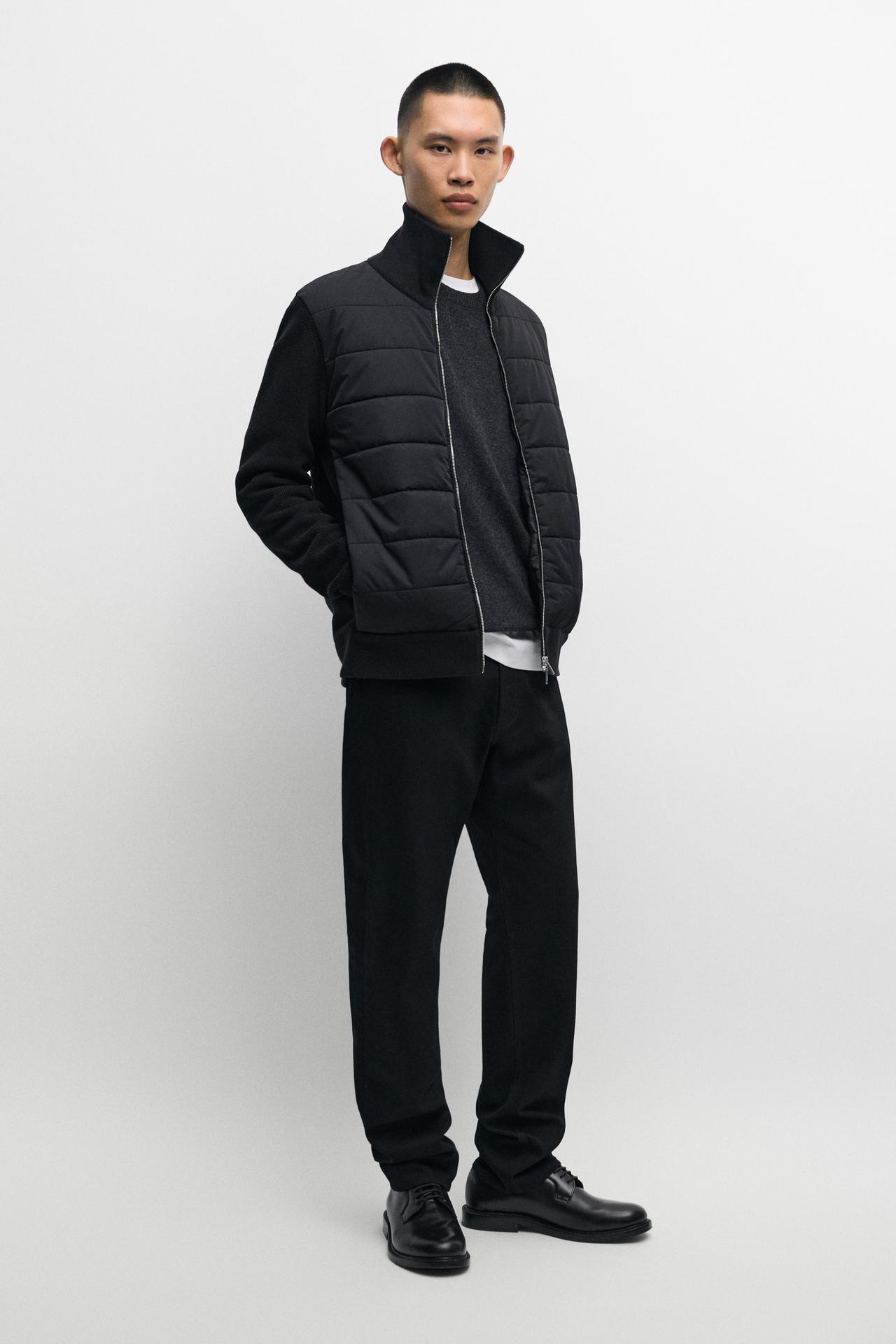 High neck mixed fabric cardigan — BLACK