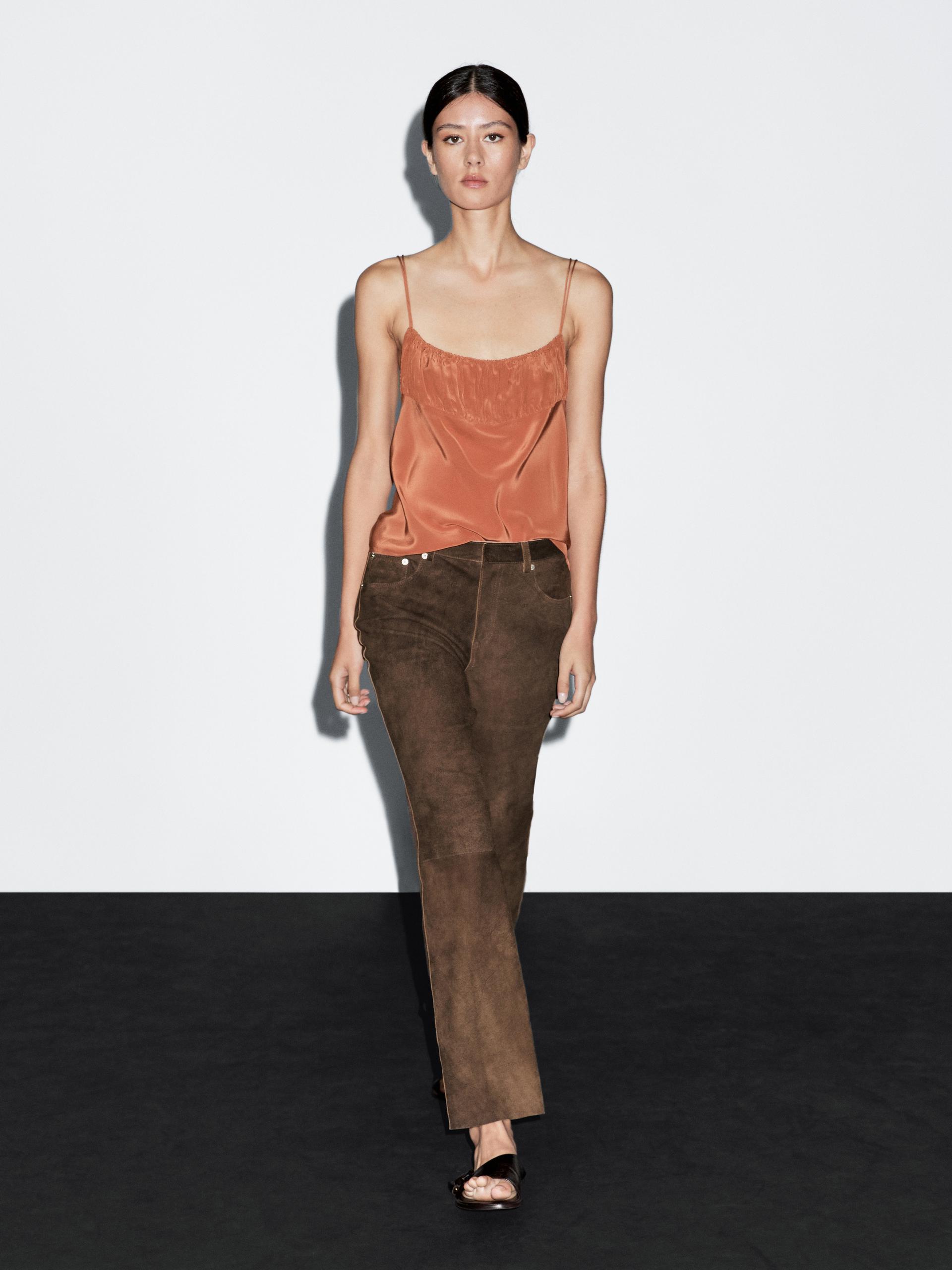 Pantalon En Cuir Caprin Finition Daim - Marron - S - Massimo Dutti - Femme