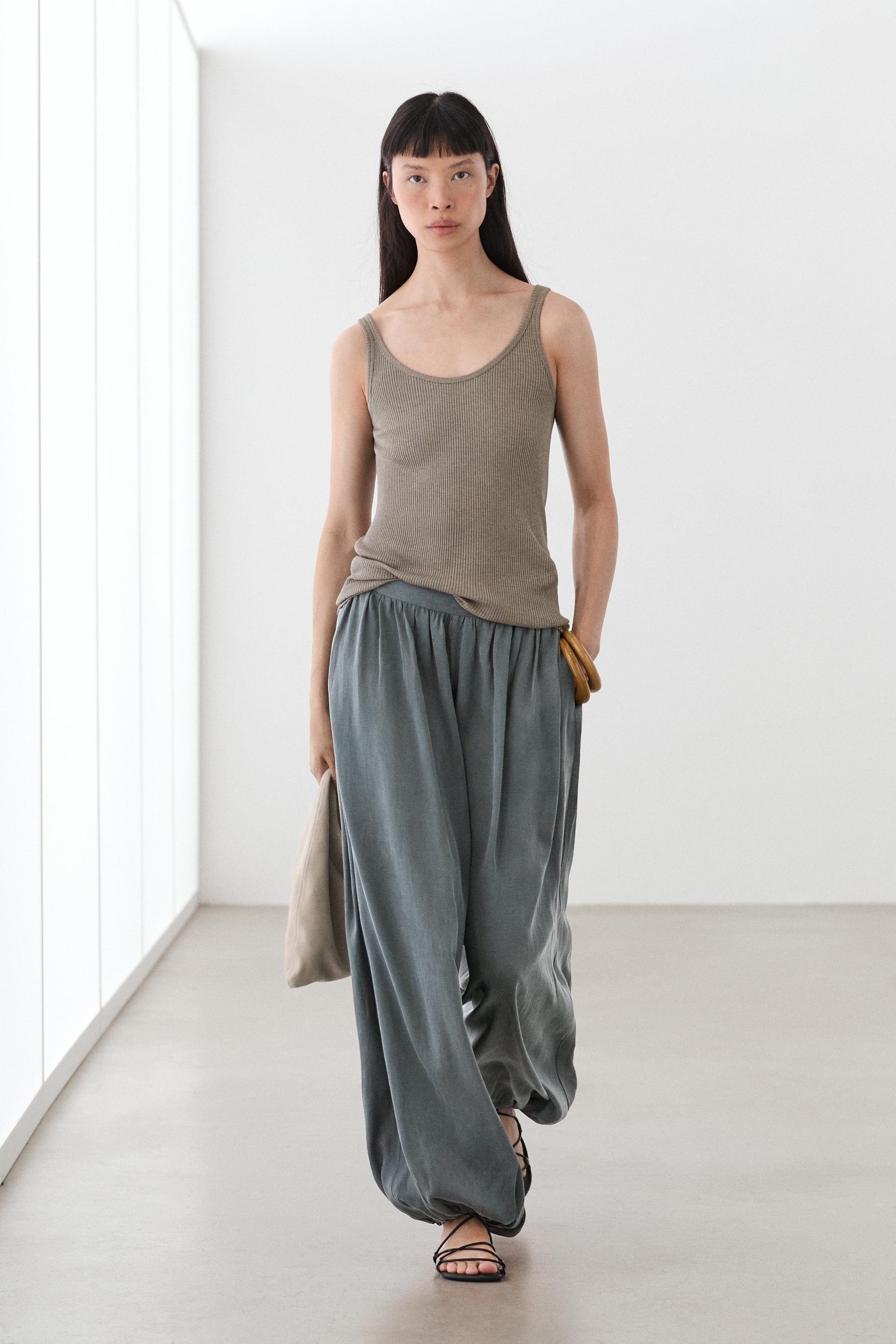 Pleated balloon fit linen blend trousers — GREY BLUE