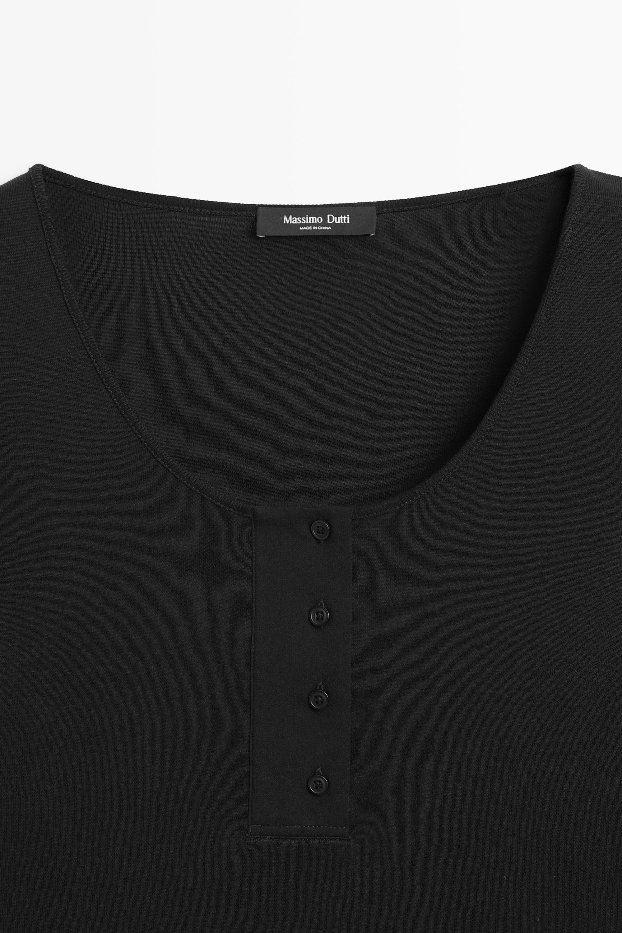 100% cotton button-placket T-shirt — BLACK
